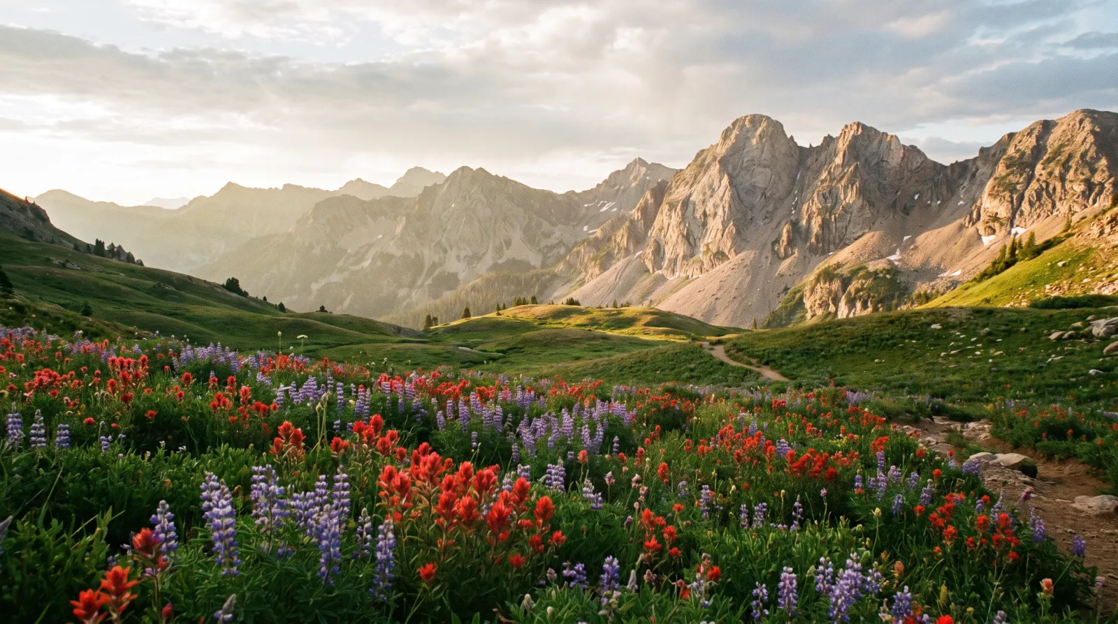A high alpine meadow above Alta, Utah thick with red Indian paintbrush and purple lupine wildflowers, with granite peaks rising behind Albion Basin.
