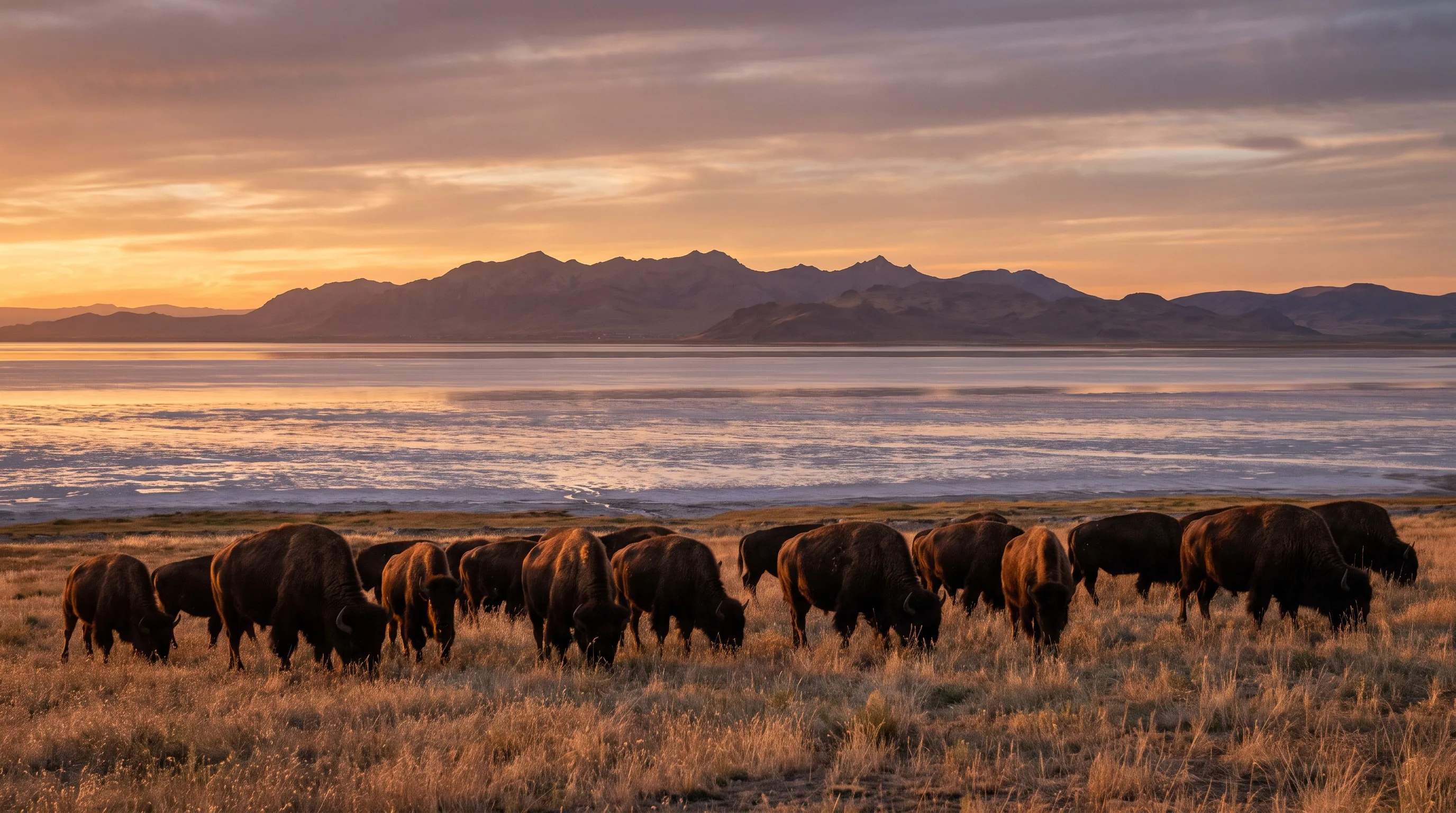 A herd of American bison grazing on golden grassland with the vast Great Salt Lake and distant mountains behind them on Antelope Island, Utah, at golden hour.