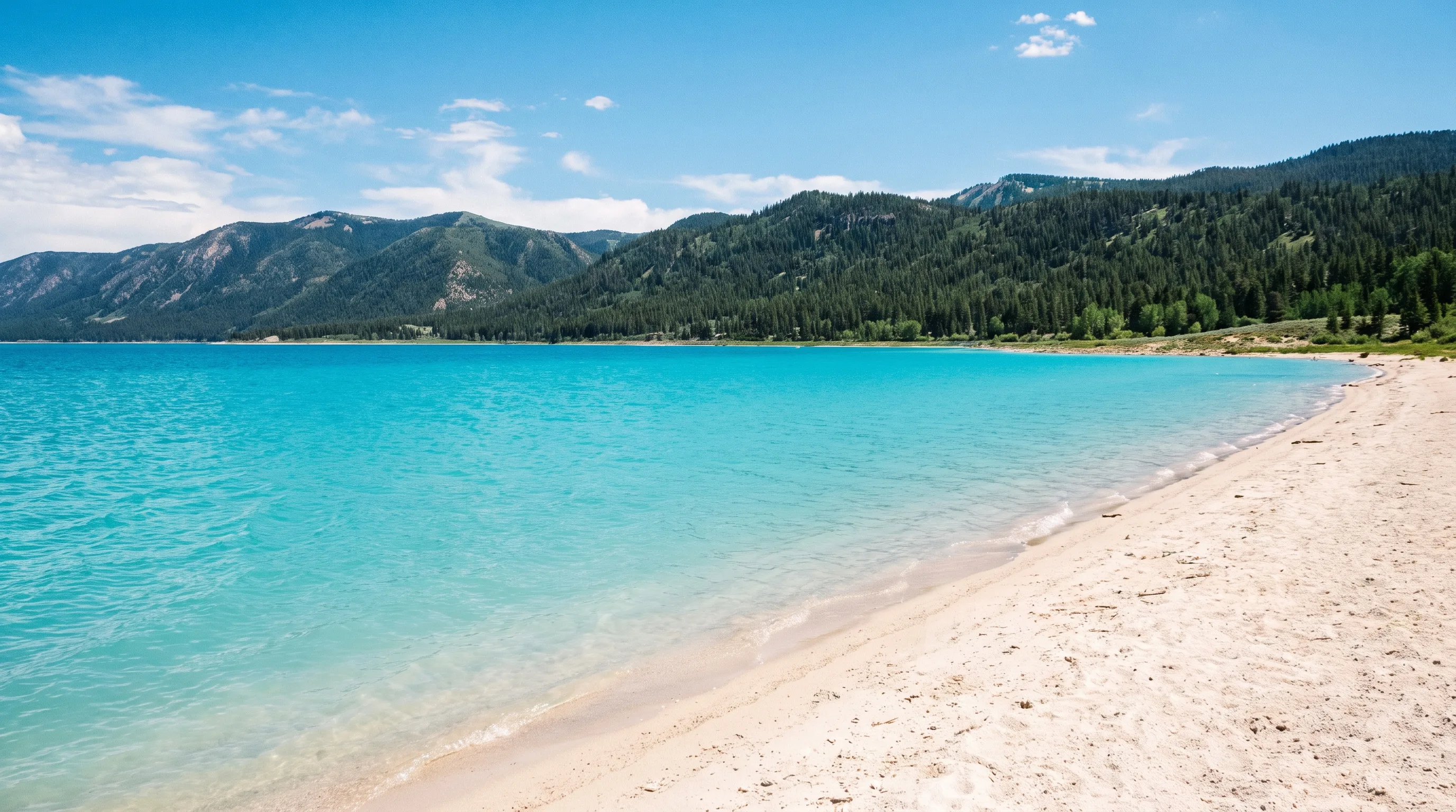 The turquoise water of Bear Lake meeting a pale sandy shore under a bright blue sky, with the Bear River Range rising in the distance, Utah-Idaho border.