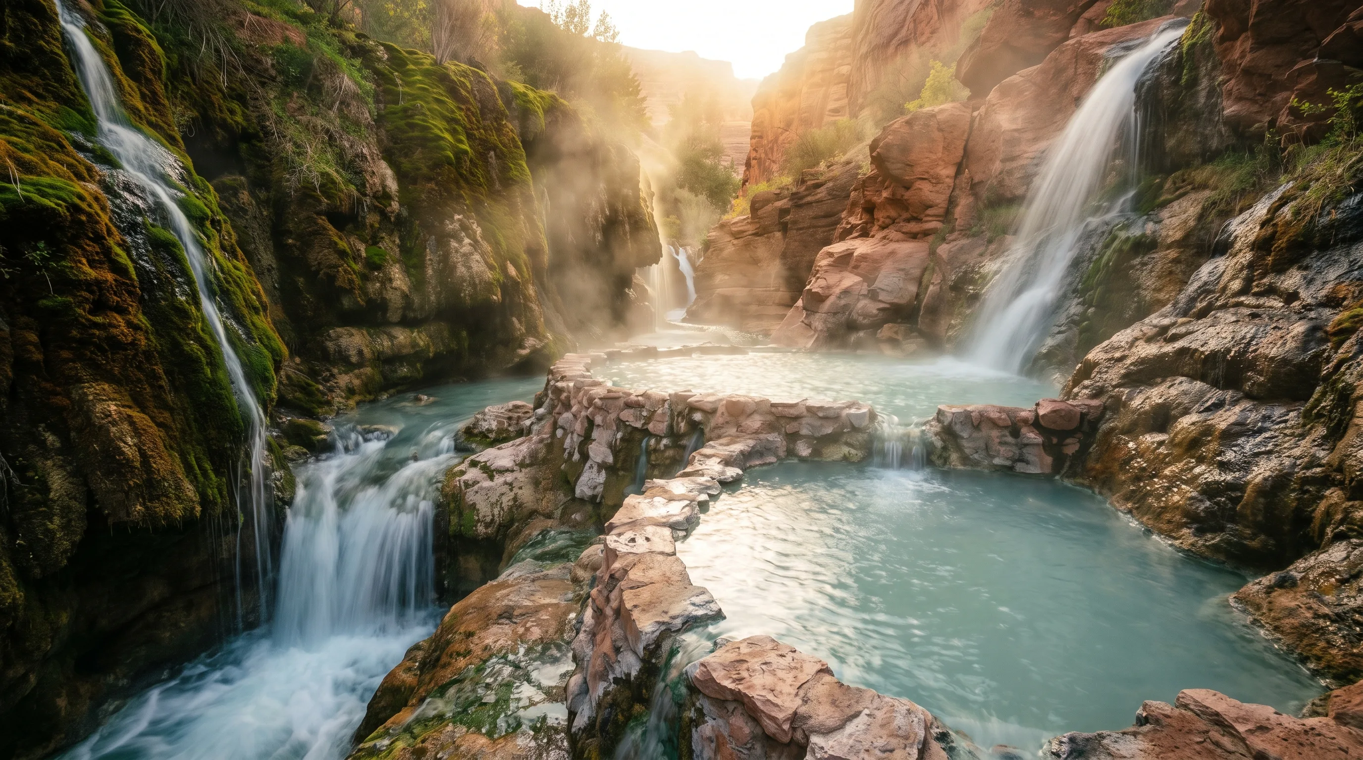 A rock-walled hot spring pool with milky blue-green water and steam rising, set beside a small waterfall in a forested Utah canyon at golden hour.