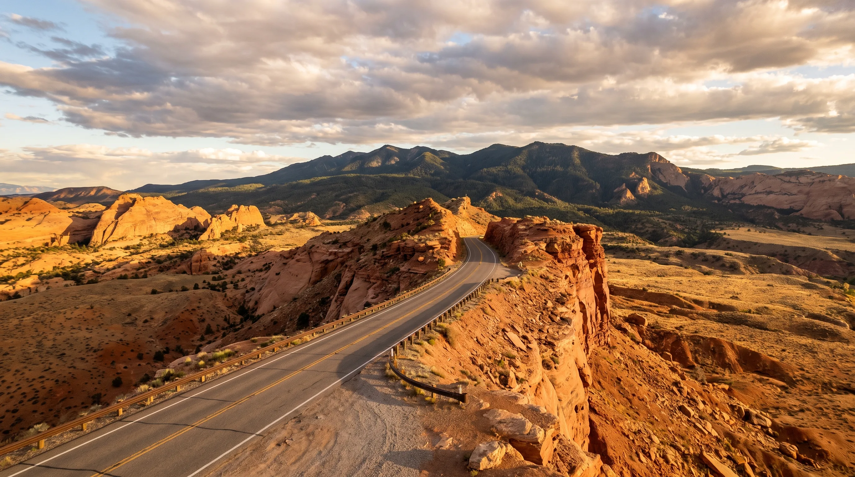 A paved mountain highway winding along a narrow ridge with steep drop-offs on both sides, red rock and forested peaks stretching to the horizon in southern Utah.