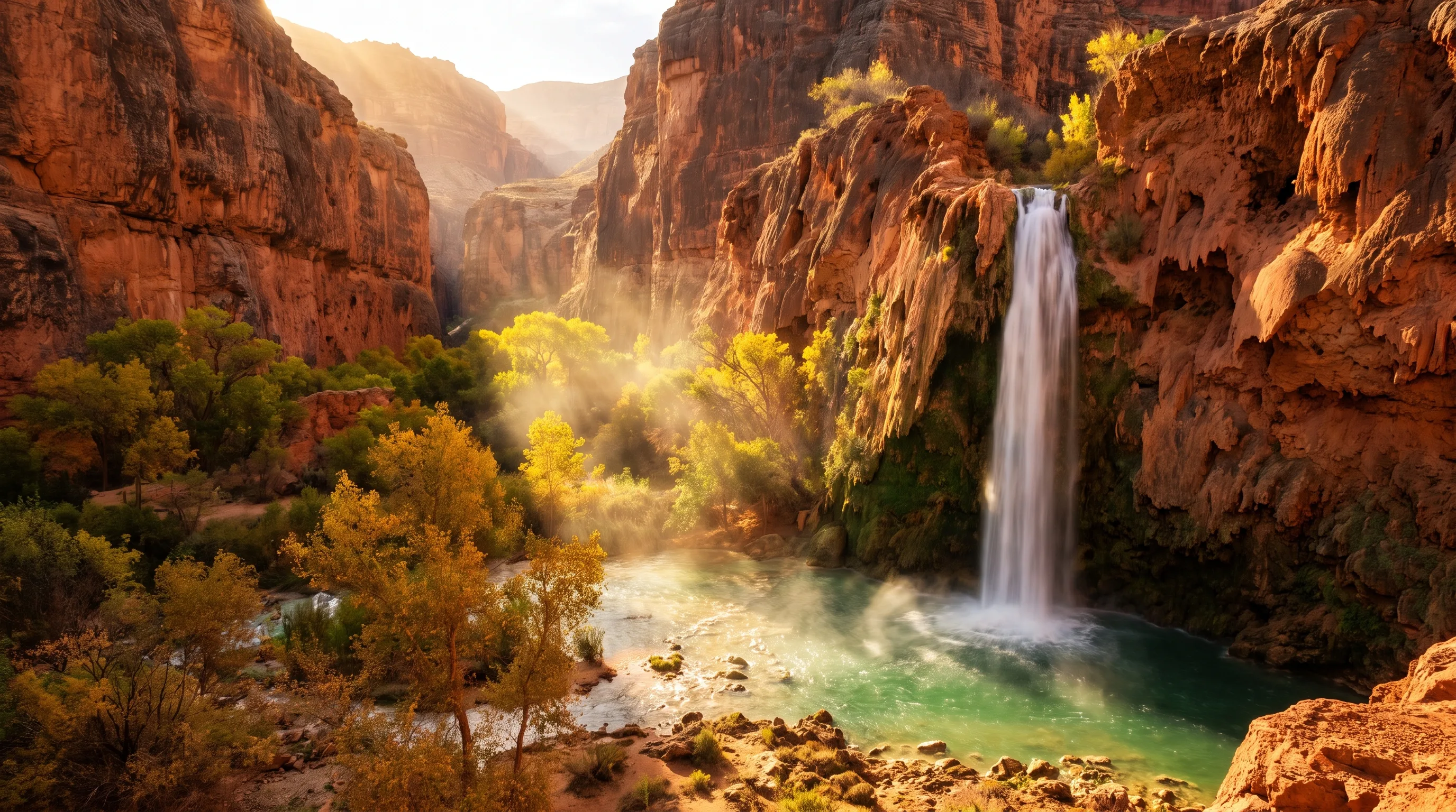 A tall waterfall pouring over a red sandstone cliff into a green pool ringed by cottonwood trees in a Utah desert canyon, with sunlight streaming down.