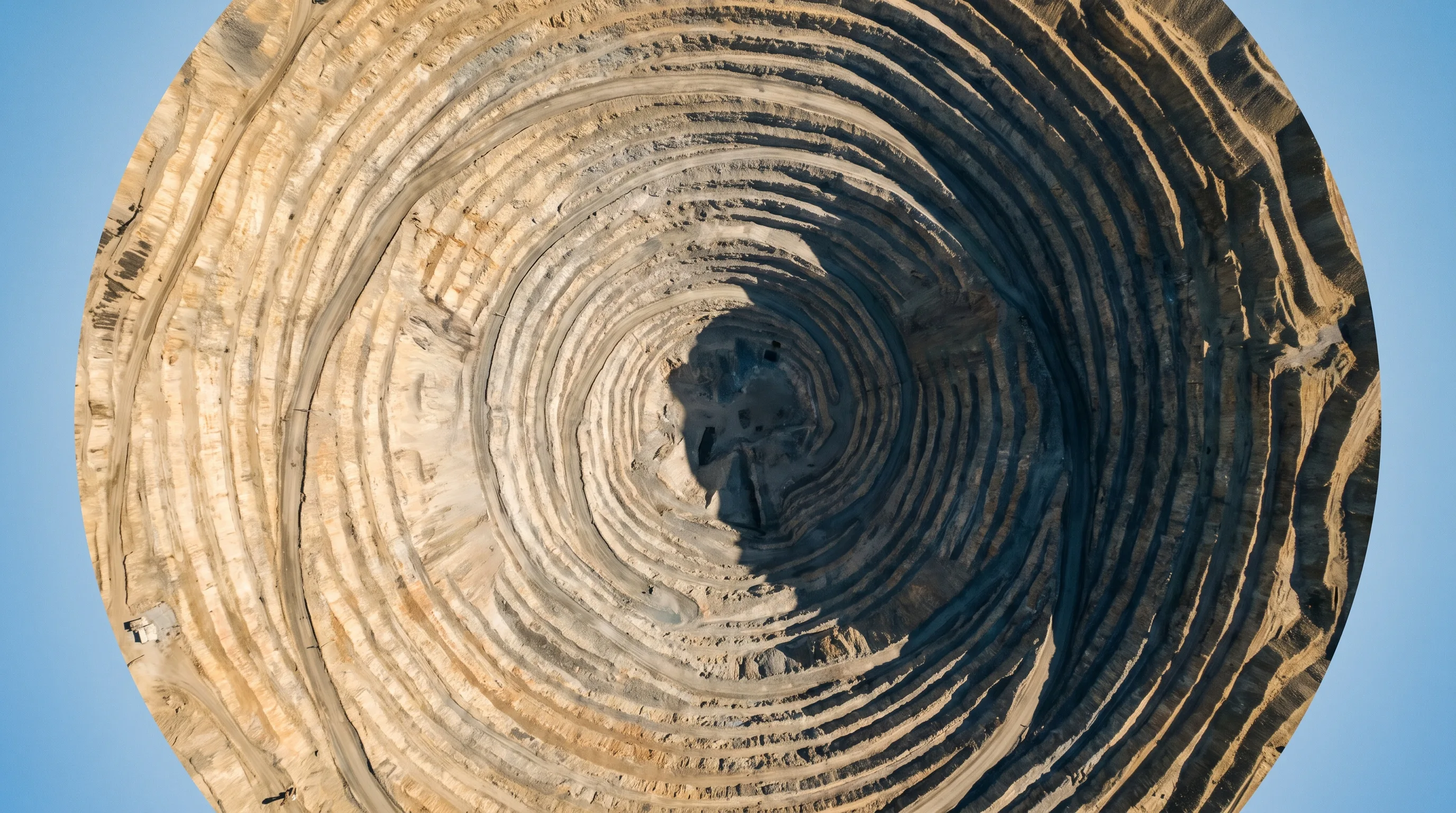 An aerial view straight down into the terraced, spiraling benches of a massive open-pit copper mine carved into the Oquirrh Mountains of Utah.