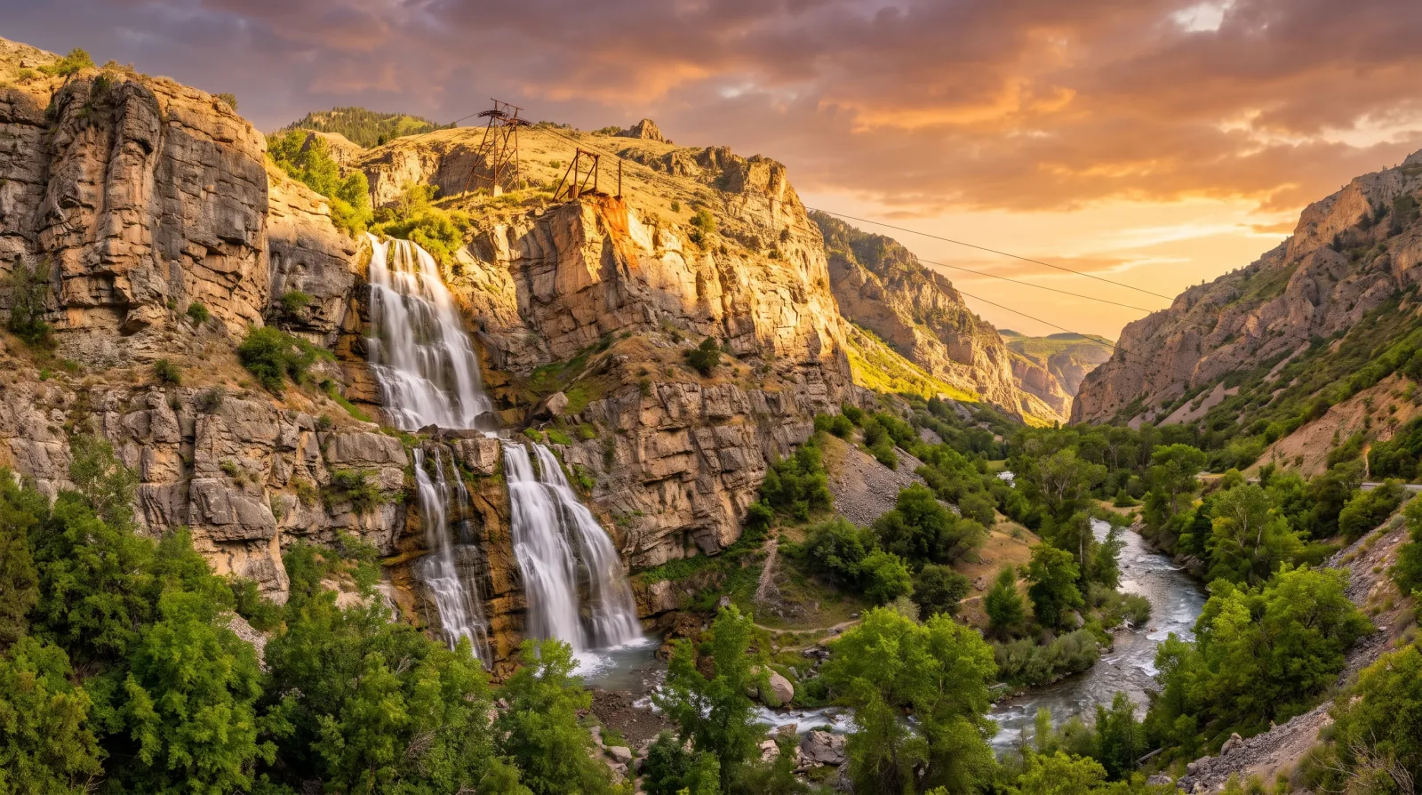 Bridal Veil Falls cascading down the north wall of Provo Canyon, Utah, in full summer flow with the bare cliff where a tramway and restaurant once stood.