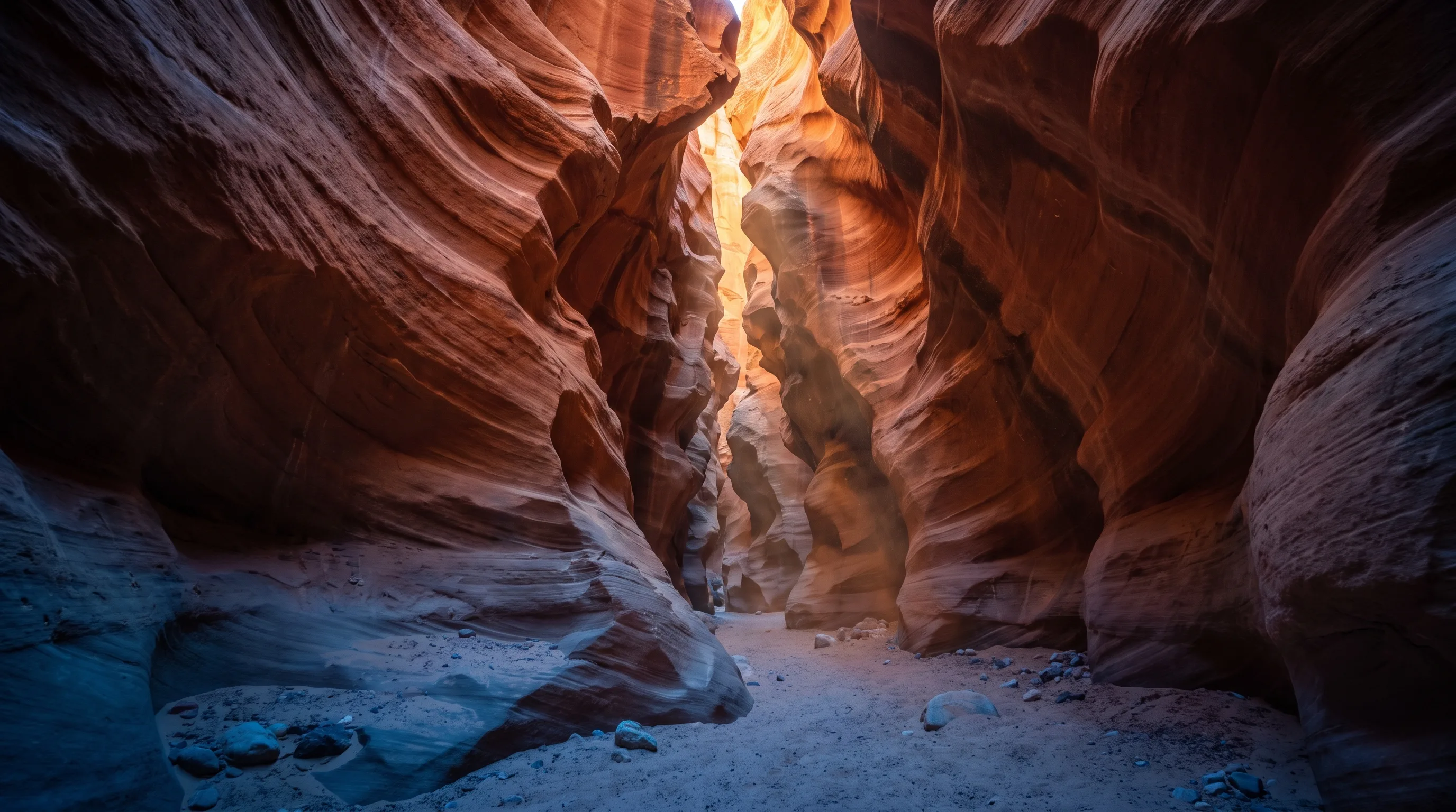 Looking up through the towering sandstone walls of a narrow slot canyon in southern Utah, sunlight illuminating the upper rock while the canyon floor remains in cool shadow.