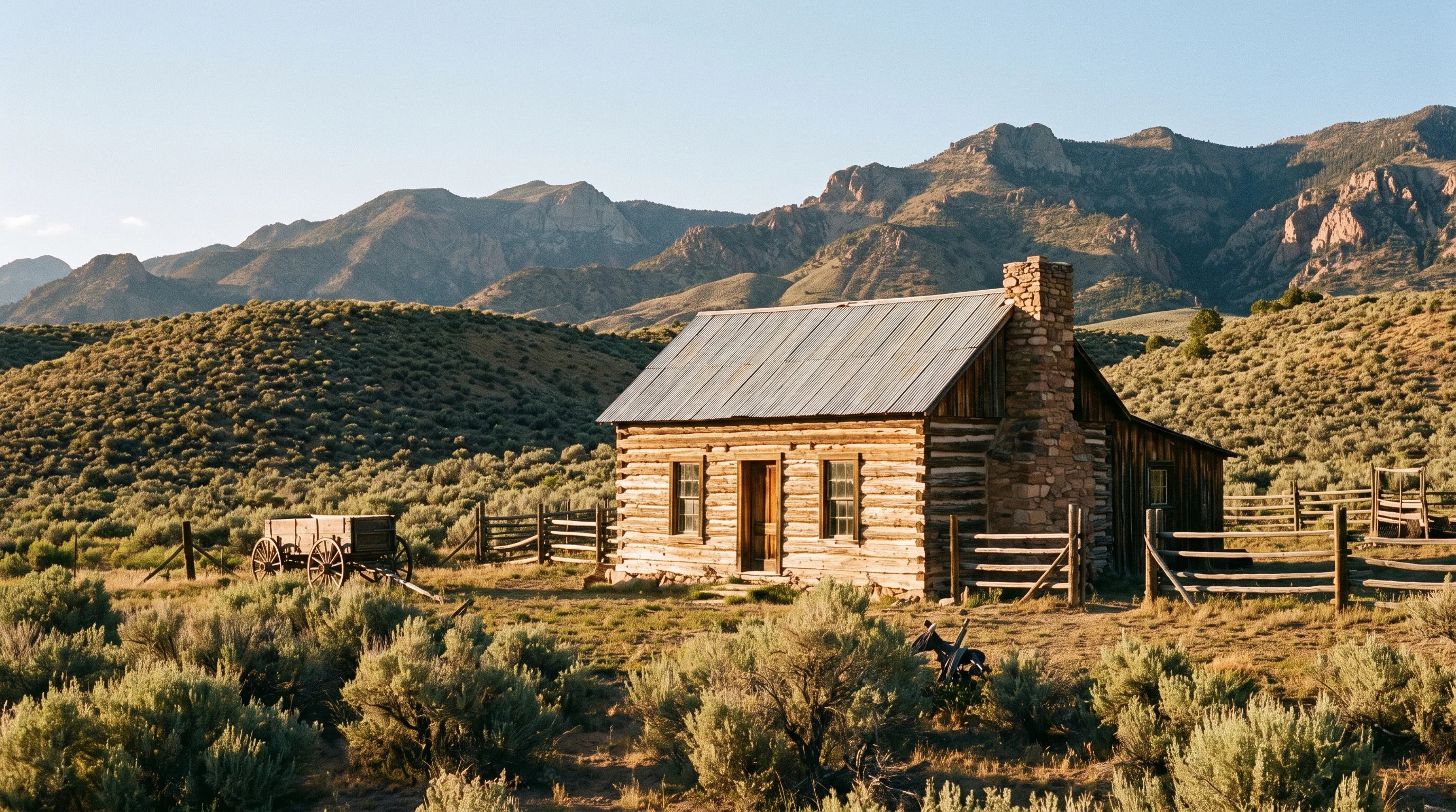 A weathered two-room log cabin on a high-desert ranch near Circleville, Utah, with sagebrush hills and mountains behind it in warm late-afternoon light.