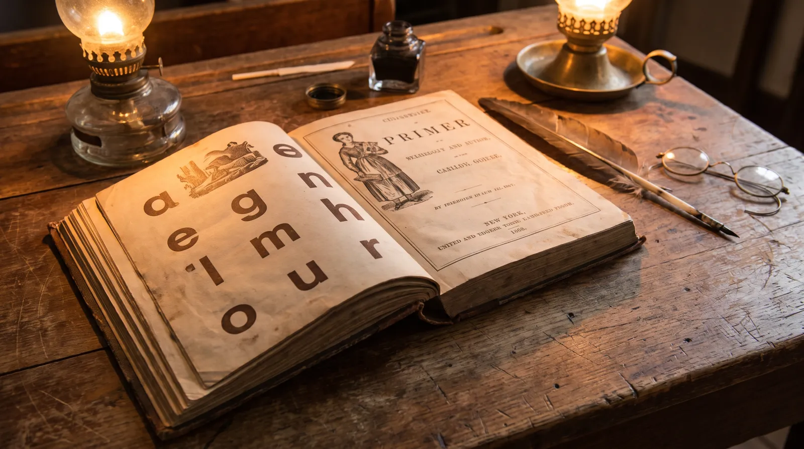 A page from an original 1868 Deseret Alphabet primer with rounded phonetic characters, resting on a wooden desk in warm archival light.