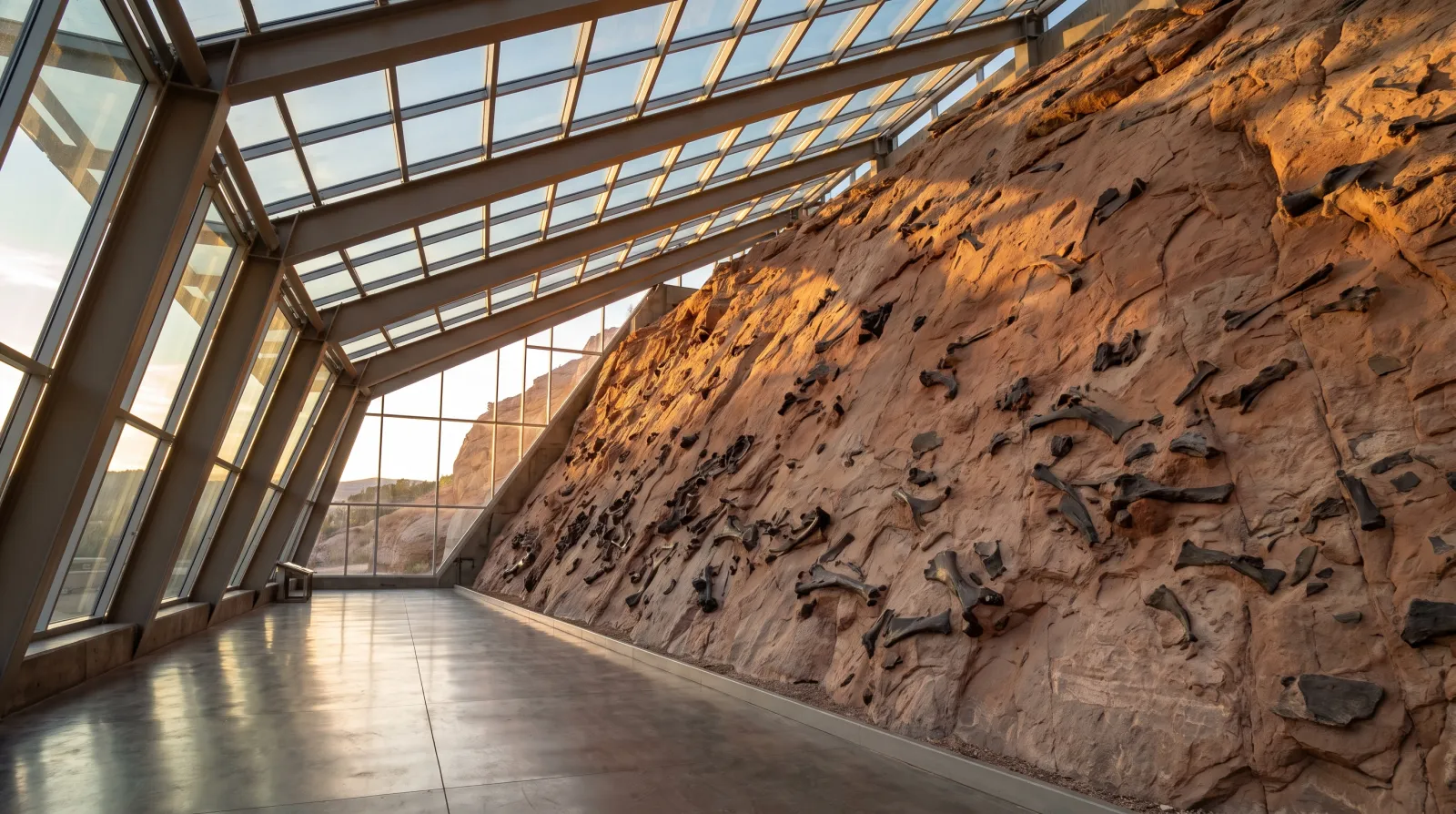The steeply tilted sandstone wall of the Carnegie Quarry inside the Quarry Exhibit Hall at Dinosaur National Monument, with dozens of fossilized dinosaur bones exposed in the rock.