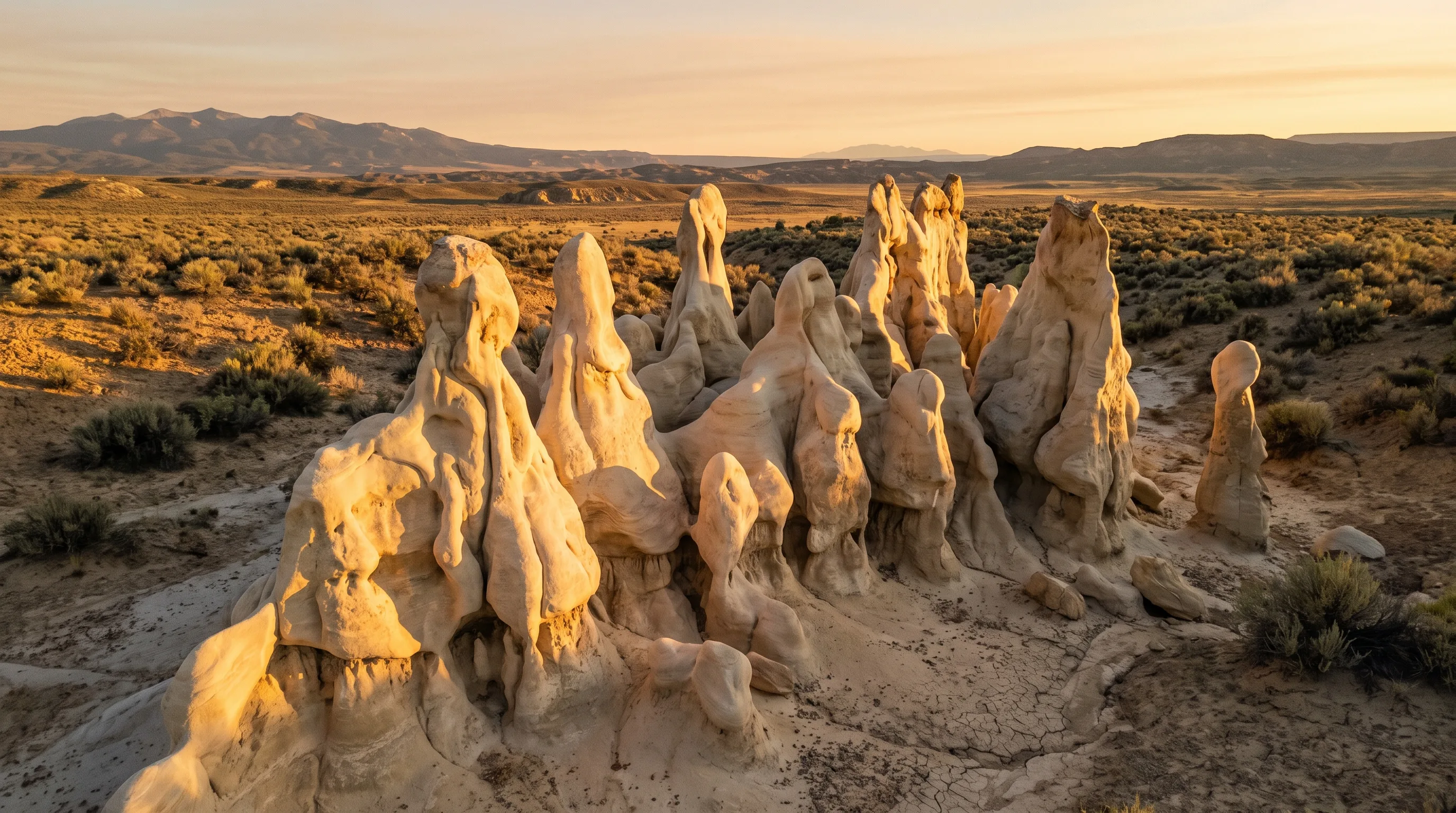 Strange, melted-looking pale sandstone pinnacles and fins clustered in a small desert basin near Vernal, Utah, glowing in warm low-angle light.