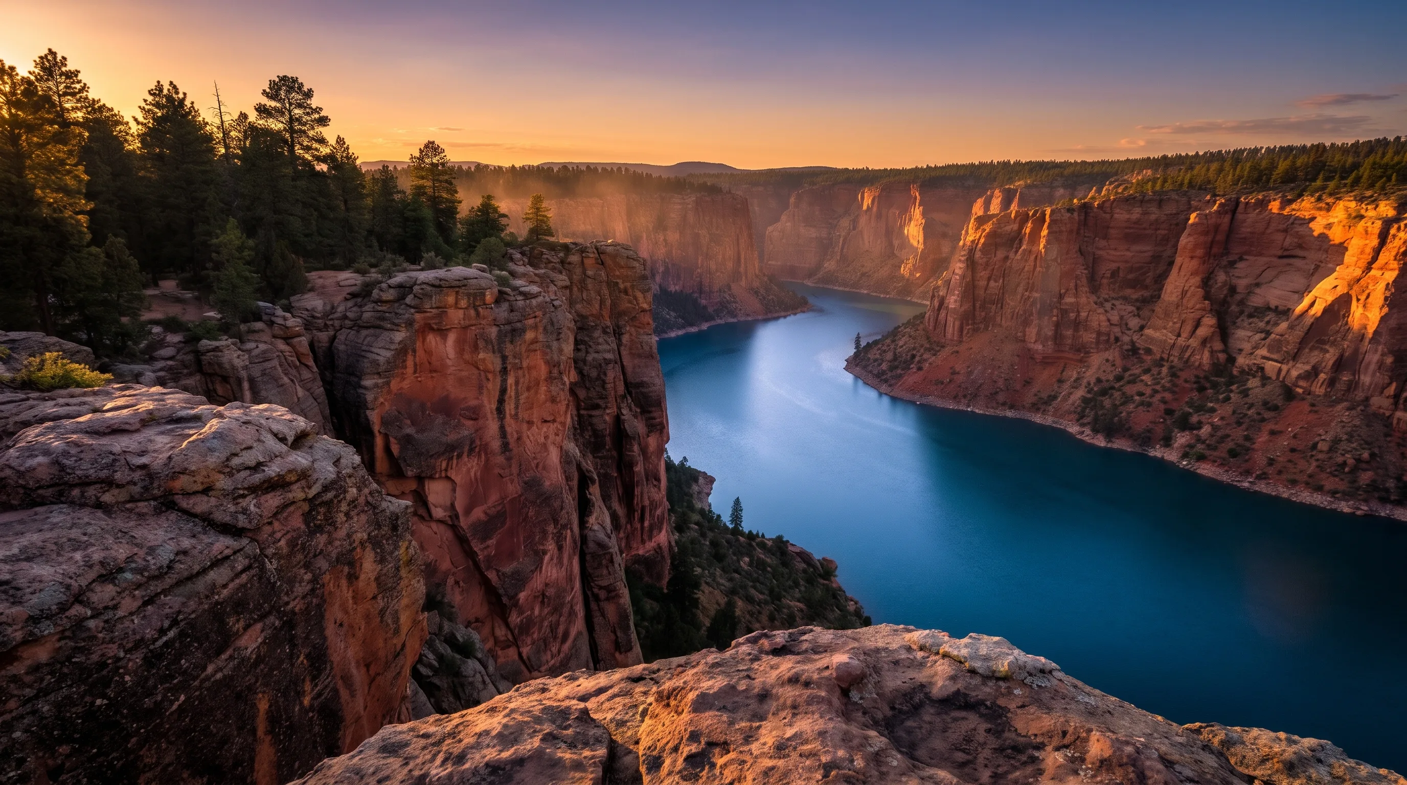 A dramatic overlook where 1,400-foot red sandstone cliffs drop straight down to the deep blue water of Flaming Gorge Reservoir on the Utah-Wyoming border.