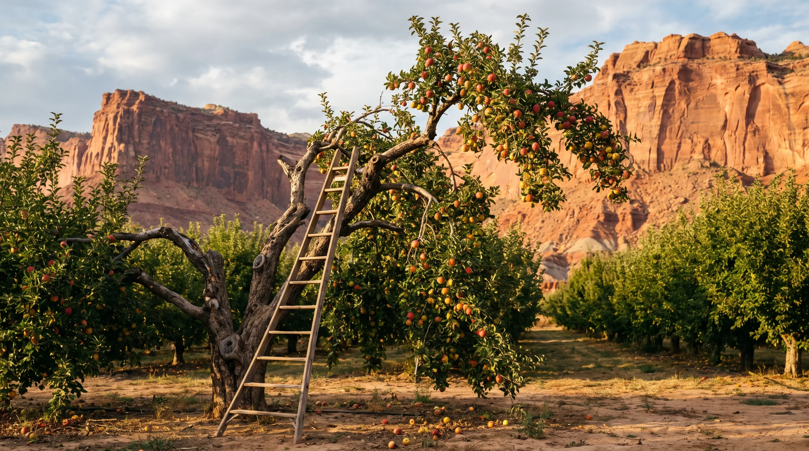 A wooden ladder leaning against a heavily laden fruit tree in a historic orchard, with towering red sandstone cliffs rising behind it at Capitol Reef National Park, Utah.