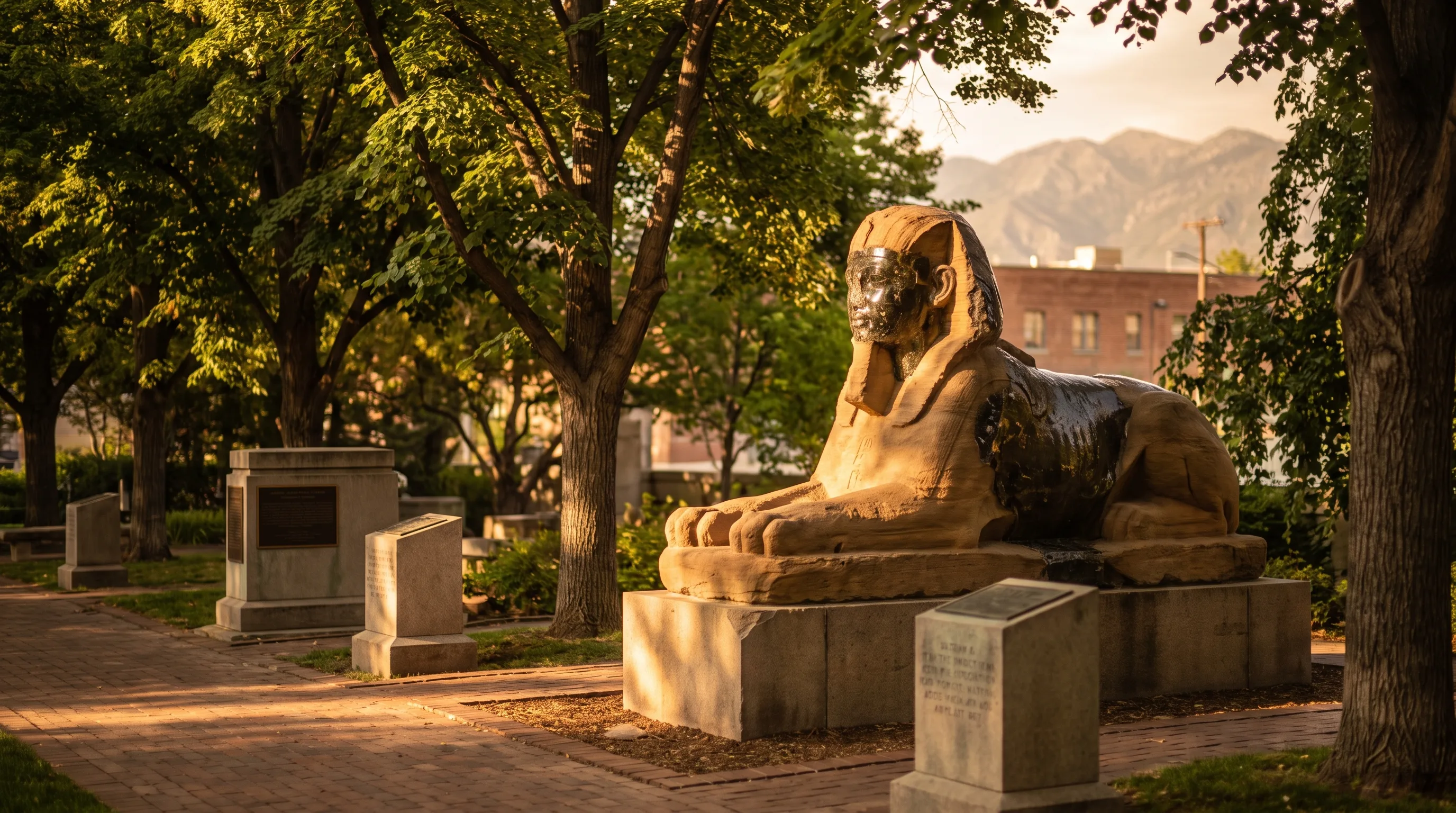 A massive stone sphinx sculpture with a carved human face, surrounded by shaded garden paths and engraved stone monuments in a small urban park in Salt Lake City.