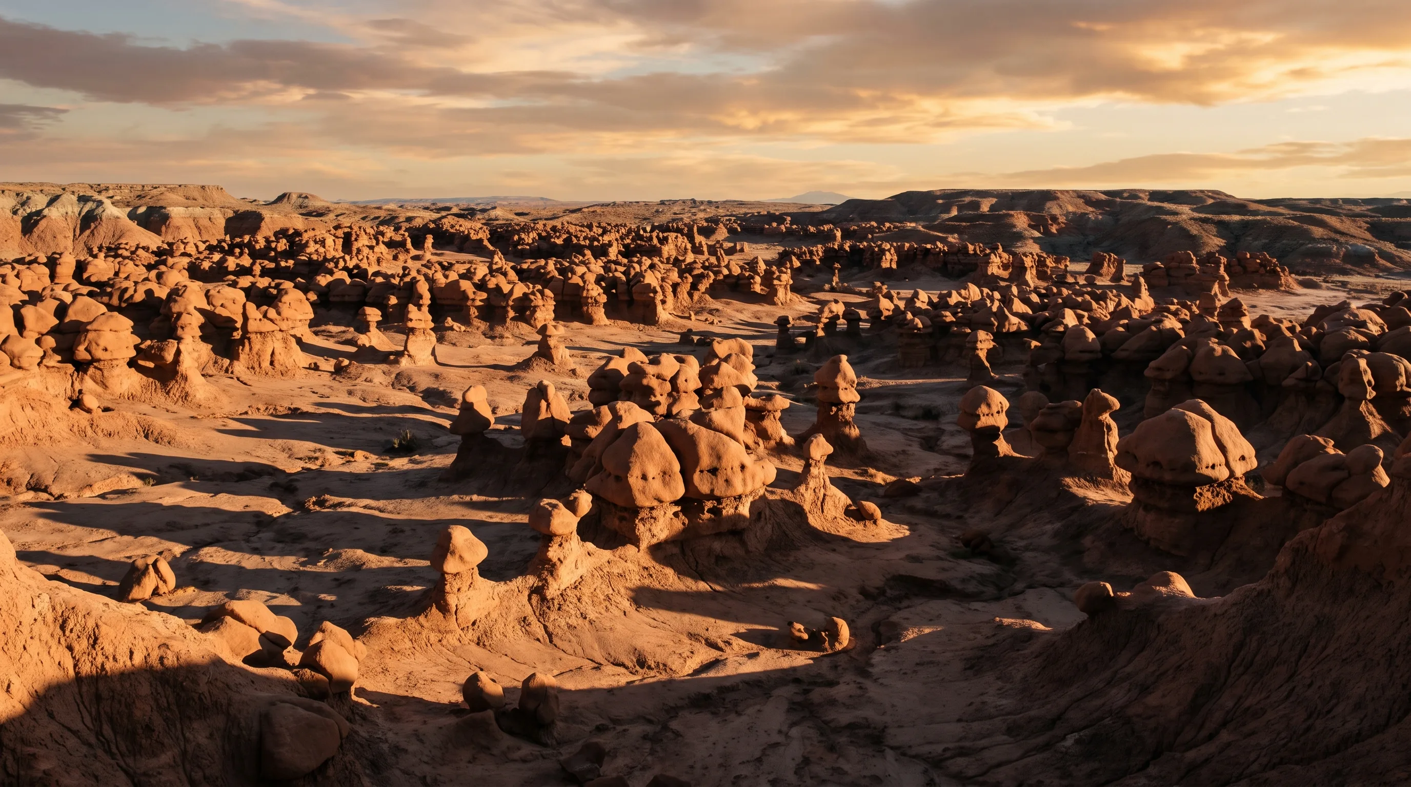 Thousands of mushroom-shaped reddish-brown sandstone hoodoo formations filling a desert basin in Goblin Valley State Park, Utah, at golden hour.