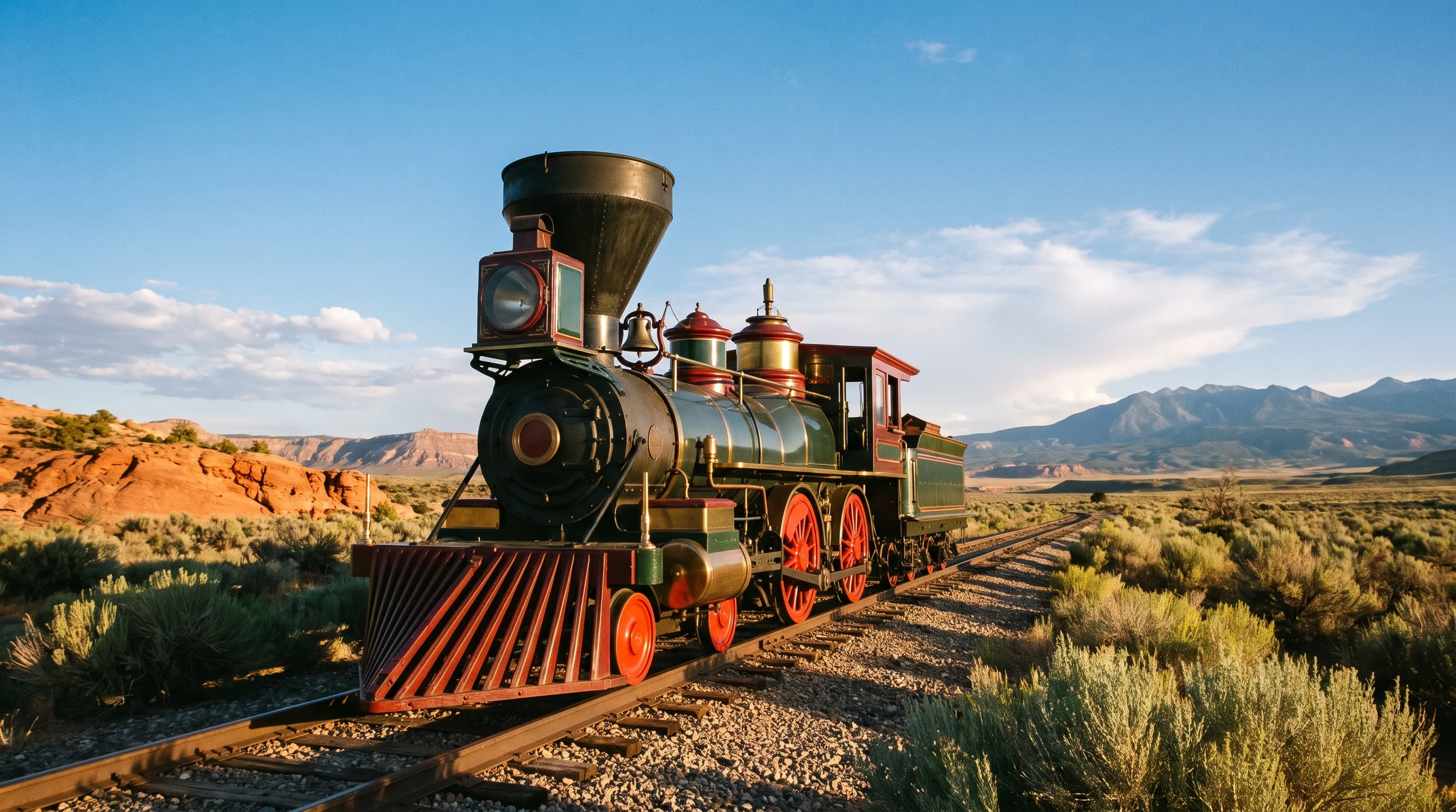 Two replica 1869-era steam locomotives, Jupiter and No. 119, facing nose to nose on the original rail grade at Promontory Summit, Utah, under a wide desert sky.