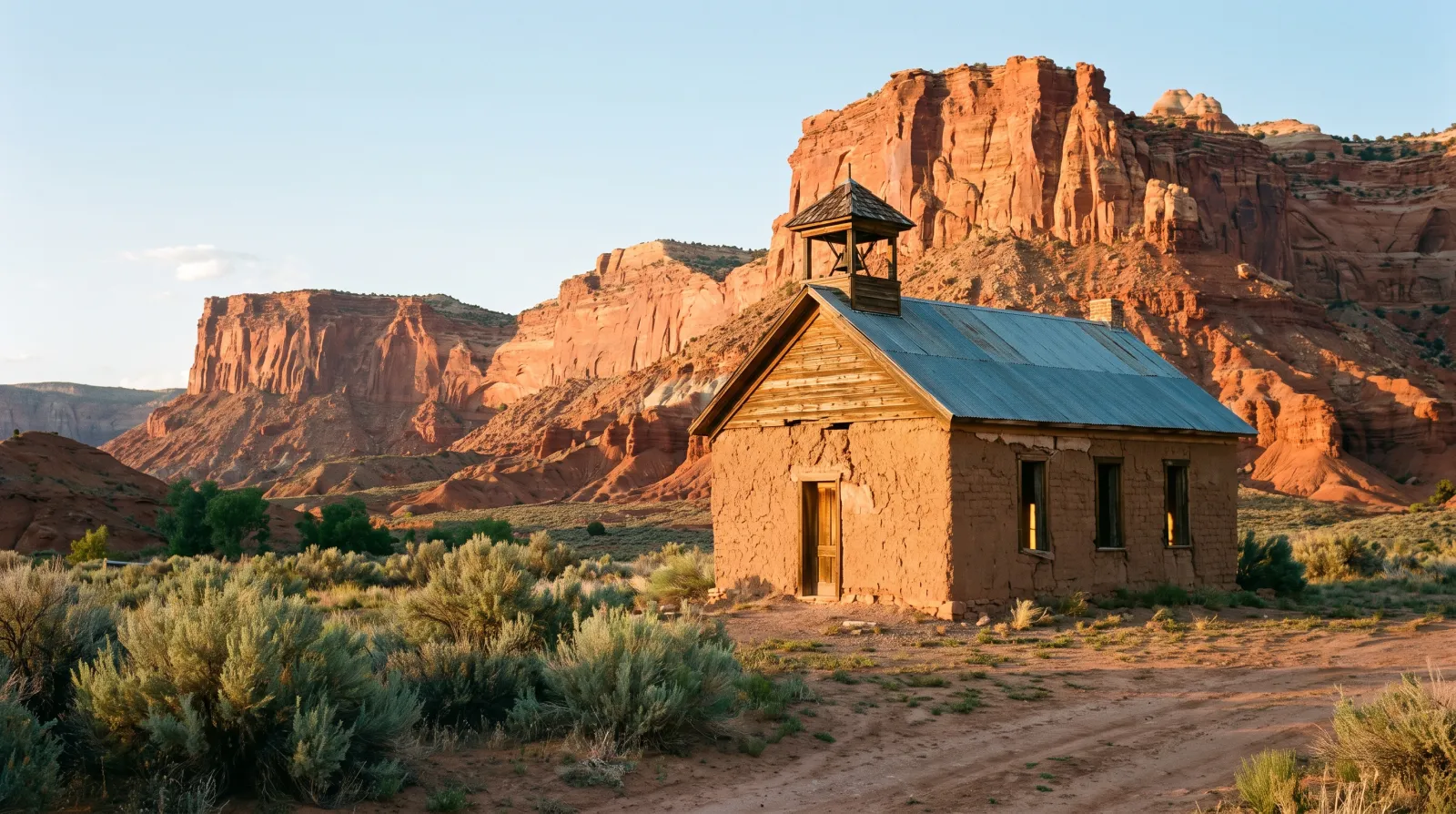 The 1886 adobe schoolhouse at the Grafton ghost town near Zion National Park, Utah, standing against red sandstone cliffs at golden hour.