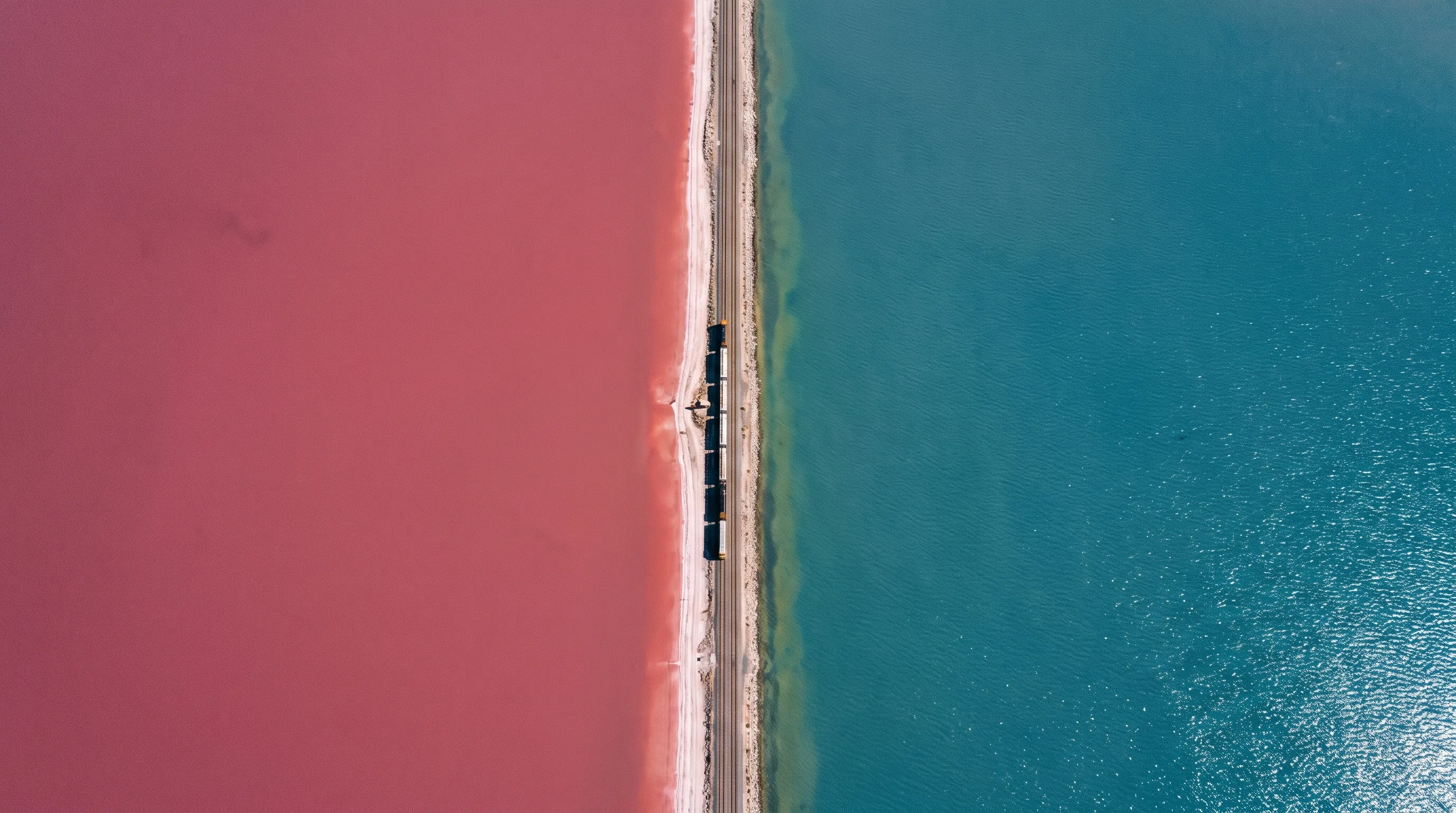 An aerial view of the Great Salt Lake showing a sharp color line where deep pink brine on one side meets blue-green water on the other, split by a straight railroad causeway.