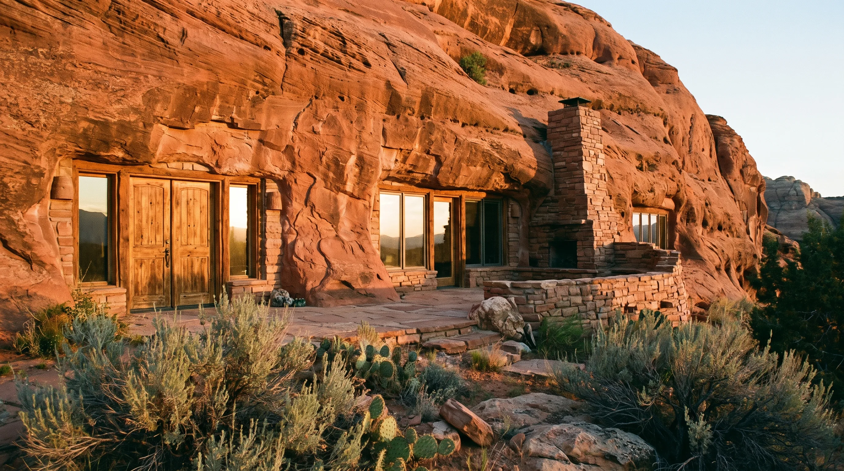 A cliffside home carved directly into red sandstone rock in the Utah desert, with rooms and windows cut straight into the stone face, warm afternoon light.