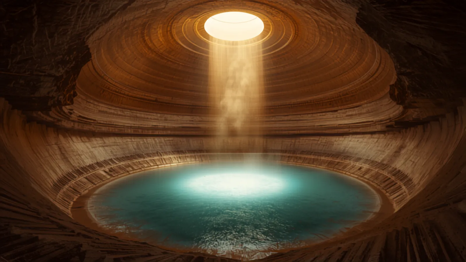 A shaft of daylight falls through a circular opening at the top of a beehive-shaped limestone dome onto a pool of glowing turquoise geothermal water, an original illustration of Utah's Homestead Crater.