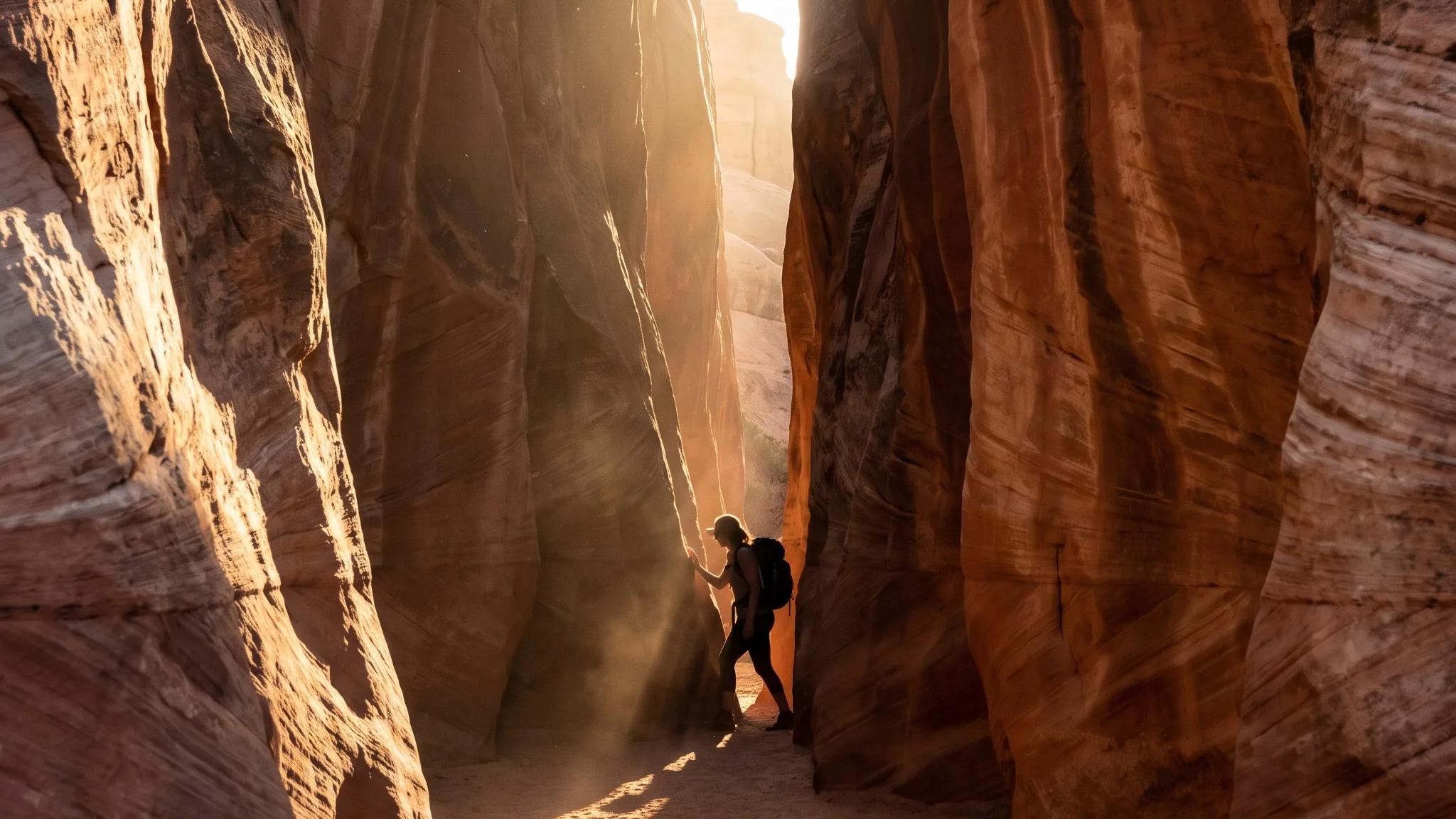 A hiker walking alone through a narrow red-rock slot canyon in Canyonlands National Park, sunlight spilling down the striped sandstone walls.