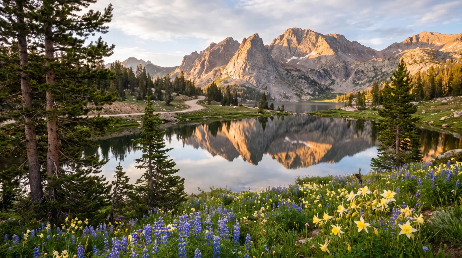A still alpine lake reflecting granite peaks along the Mirror Lake Highway in Utah's Uinta Mountains, with lodgepole pine and wildflowers in the foreground.
