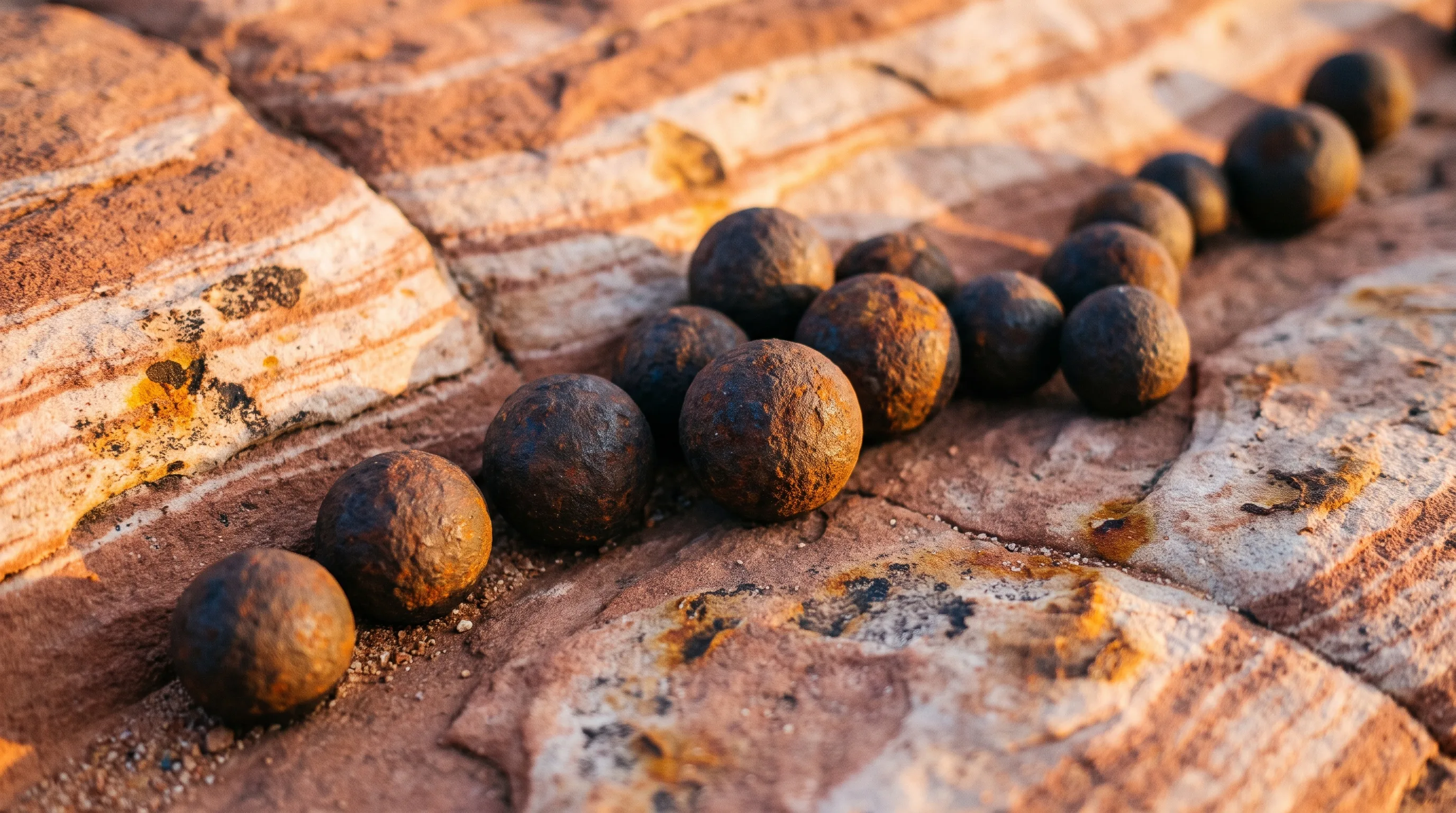 A close-up of dark, rounded iron oxide concretions called moqui marbles scattered across red and white striped sandstone slickrock in southern Utah.