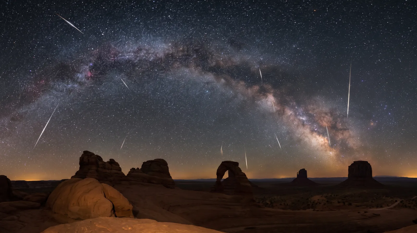 A time-lapse night sky over red-rock desert formations in southern Utah showing multiple bright Perseid meteor streaks against the Milky Way.