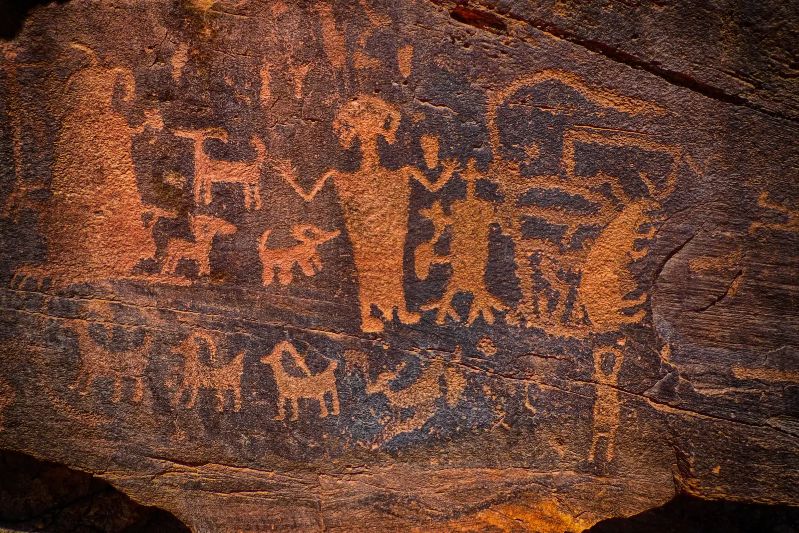 Close-up of ancient Fremont petroglyphs carved into a red rock wall, lit by angular sunlight.