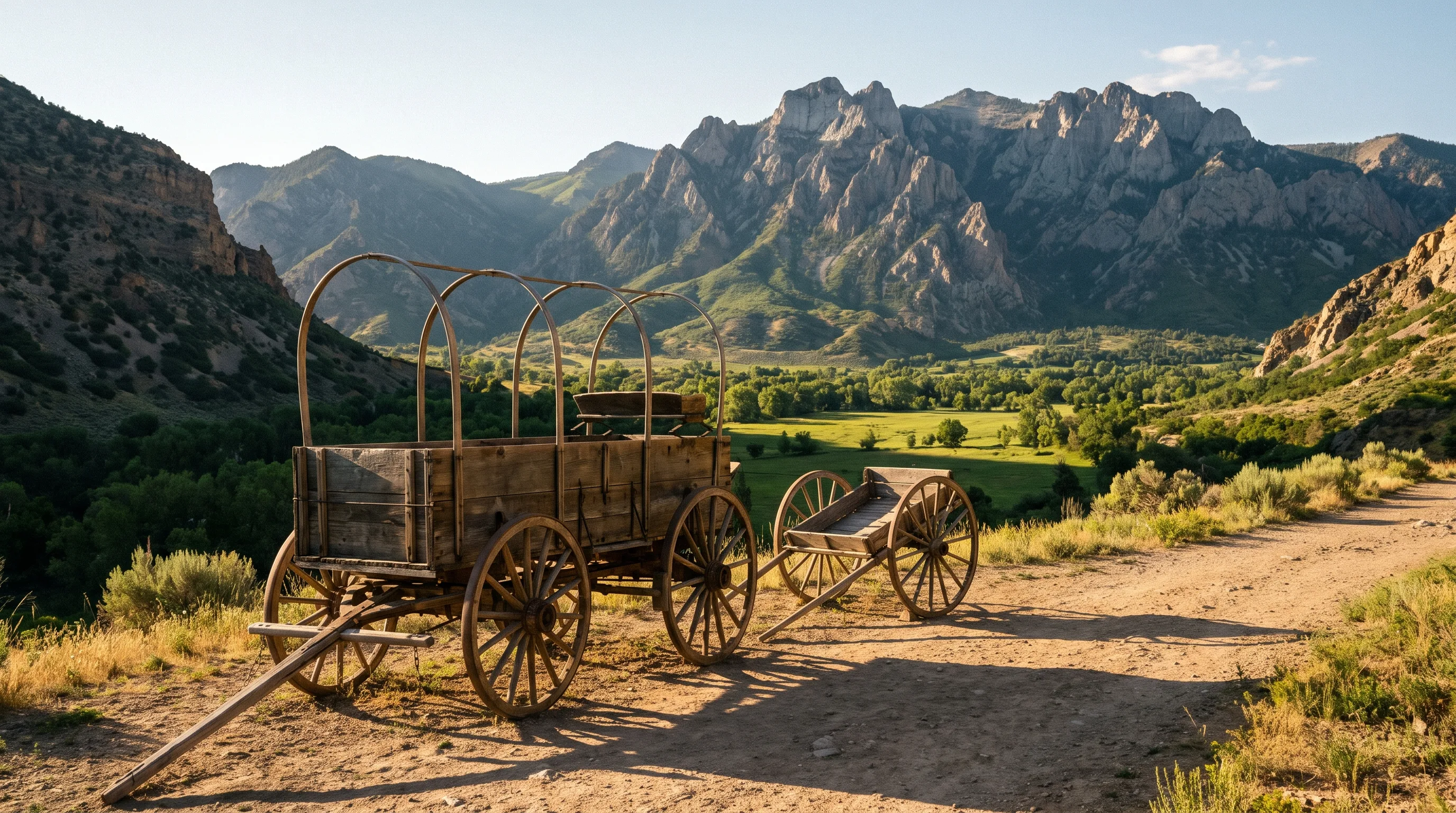 A horse-drawn covered wagon and pioneer handcart on a dusty trail at the mouth of a canyon overlooking the Salt Lake Valley at golden hour, evoking Utah's Pioneer Day history.
