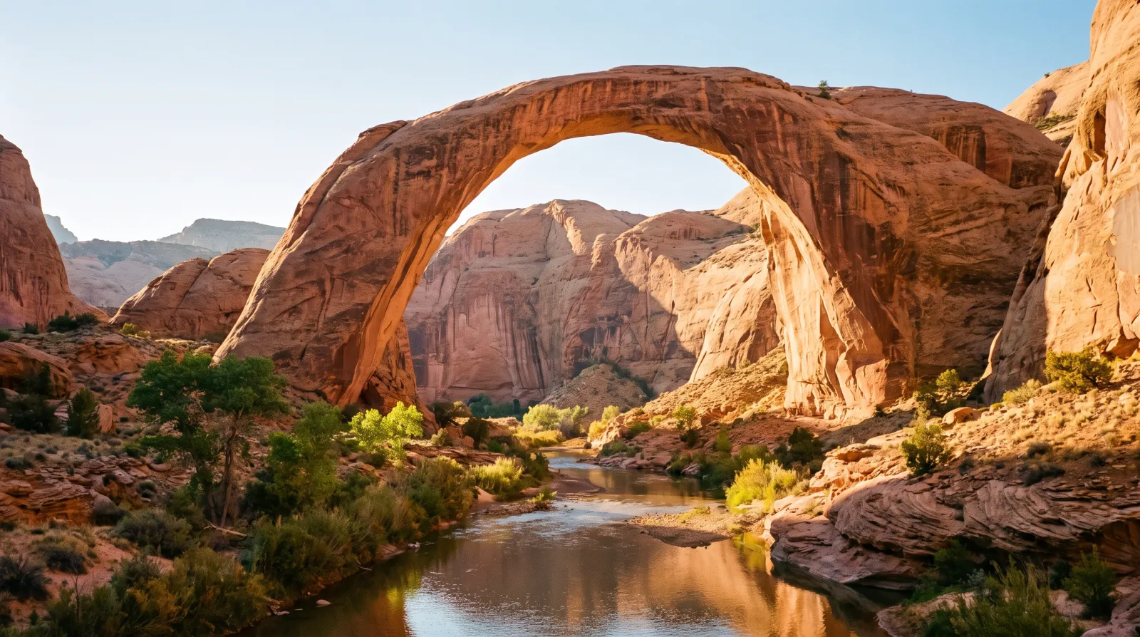 Rainbow Bridge's massive salmon-pink sandstone arch rising over a desert creek near Navajo Mountain in southern Utah, golden-hour light.