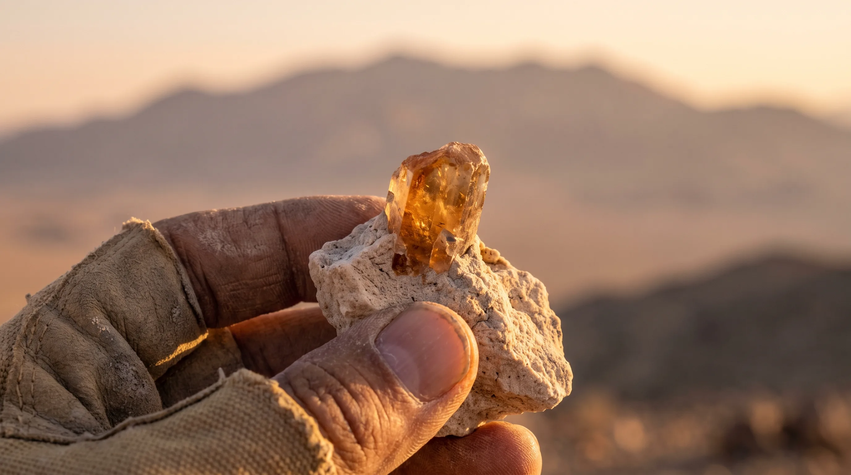 A rockhound's hand holding a rough amber-colored topaz crystal freshly cracked from pale volcanic rock, with the hazy Thomas Range visible in the West Desert background.