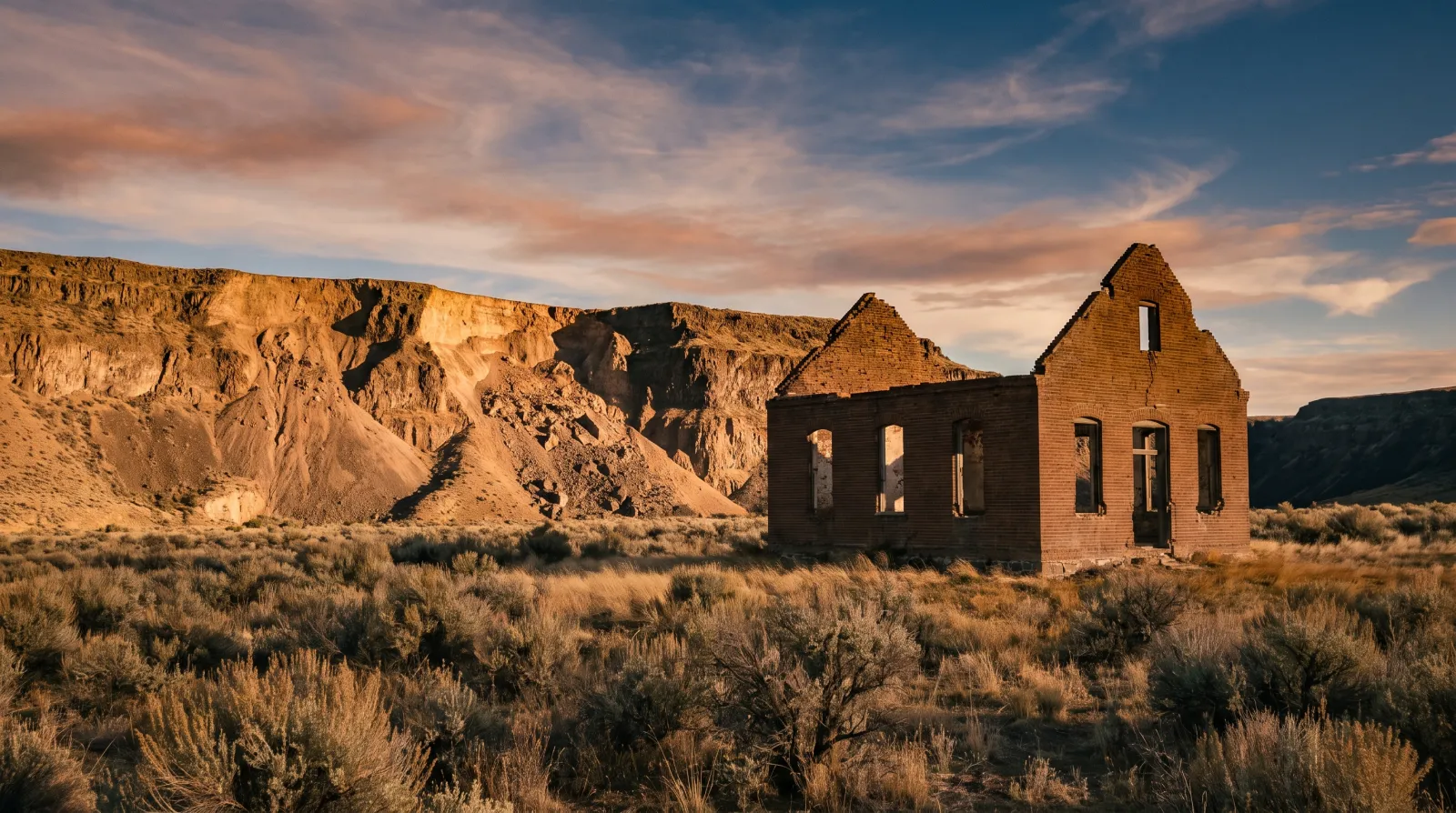 The ruined brick shell of the old Thistle schoolhouse standing alone in sagebrush in Spanish Fork Canyon, Utah, with the scarred canyon wall behind it.