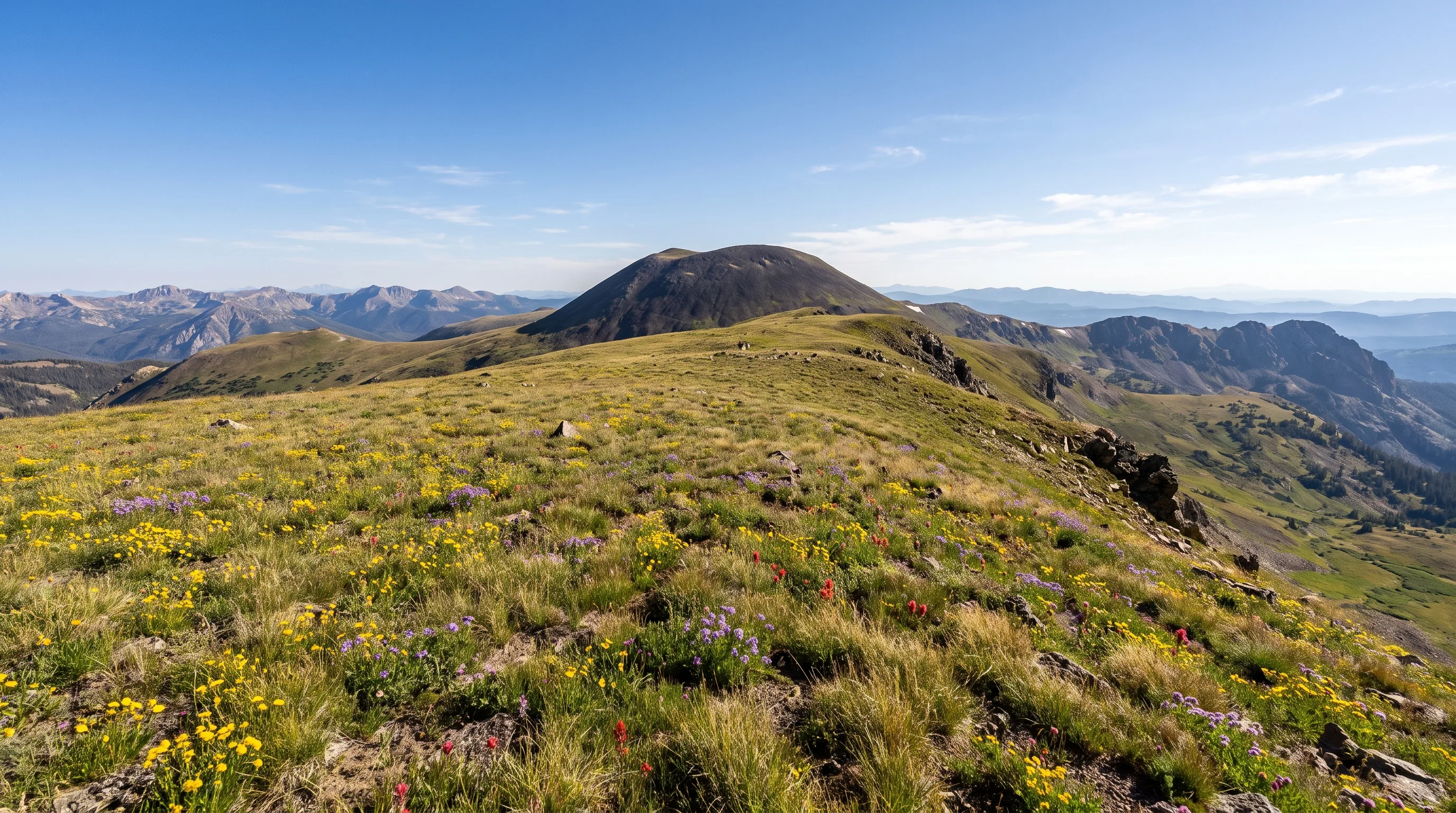 A broad, grassy alpine tundra ridge climbing toward a rounded volcanic summit in the Tushar Mountains of south-central Utah, wildflowers dotting the slope under a blue sky.