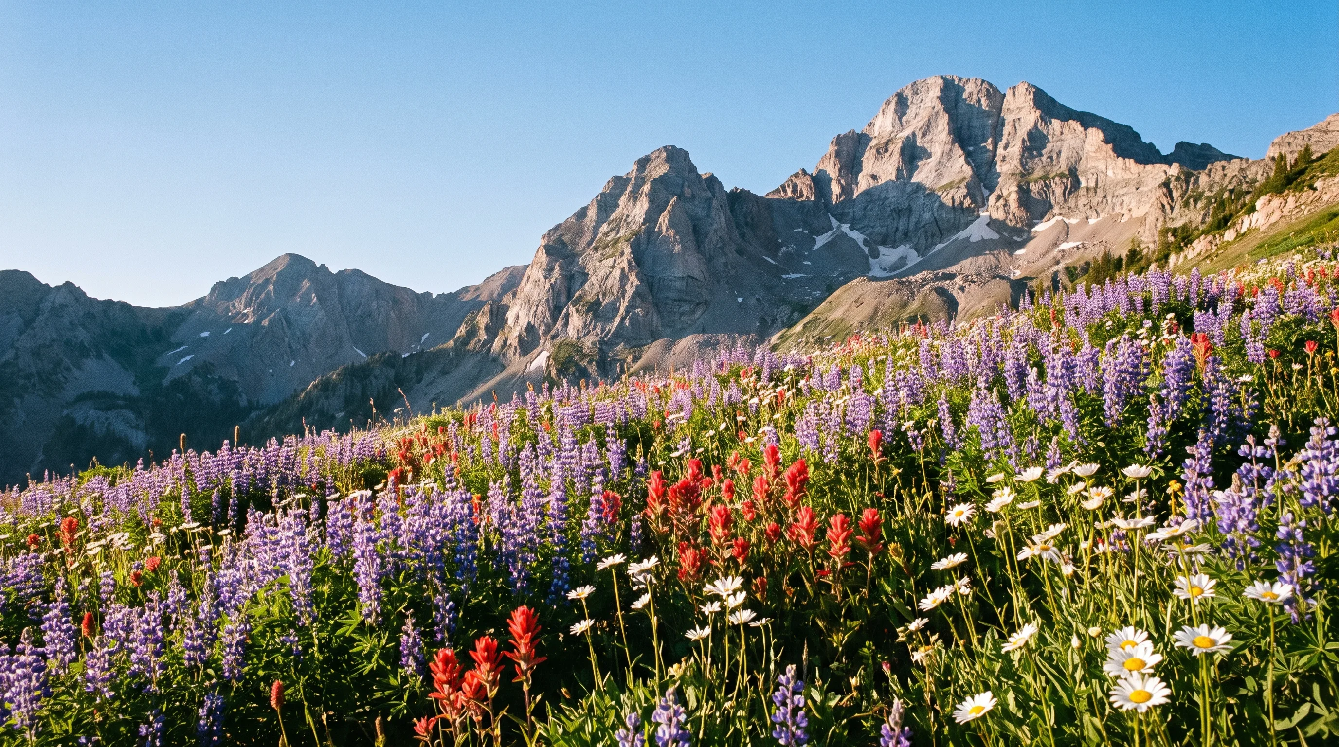 A high alpine meadow thick with purple lupine and red Indian paintbrush wildflowers below granite peaks in the Wasatch Mountains, Utah, golden morning light.