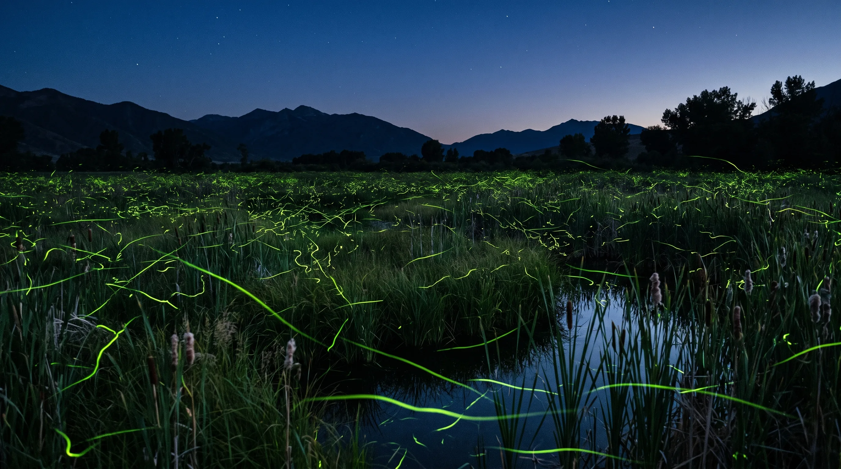 A dark wetland meadow at dusk in Utah with glowing green firefly light trails hovering over tall grass and cattails against a deep navy sky.