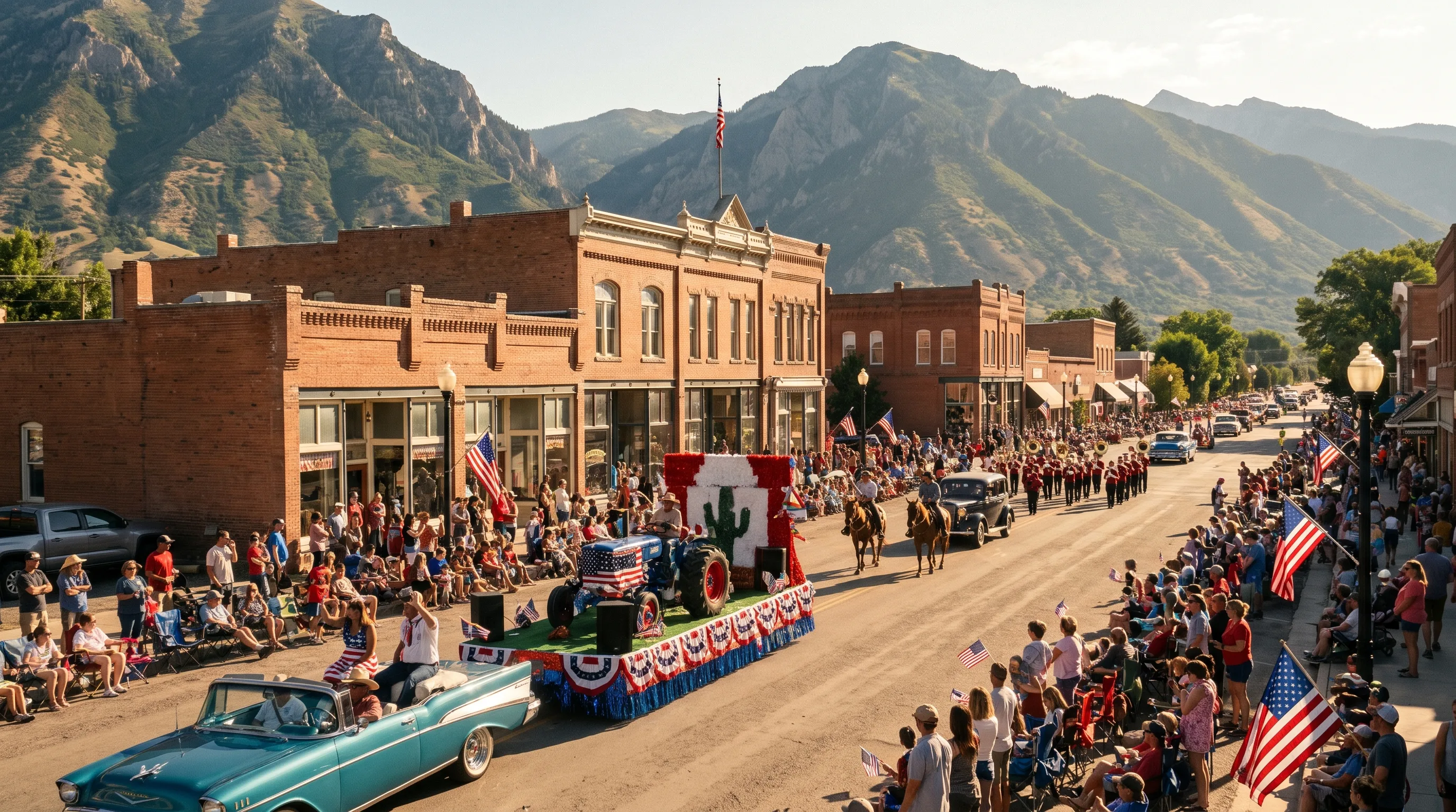 A small-town Main Street parade with floats and folding chairs along the curb, mountains rising behind the rooftops, under a bright summer sky in Utah.