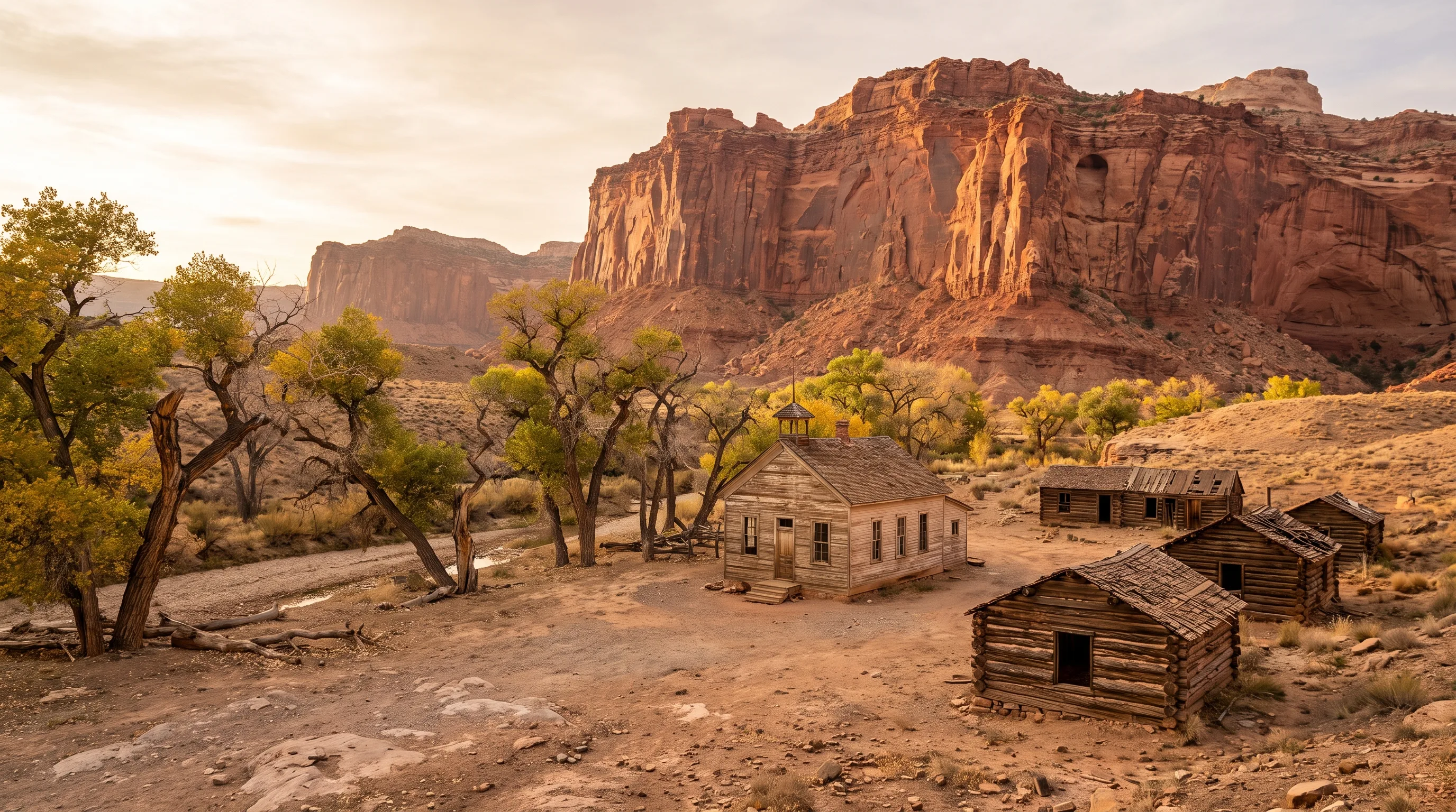 A weathered white wooden schoolhouse and old cabins standing empty against towering red sandstone cliffs at golden hour, in a Utah ghost town near Zion.