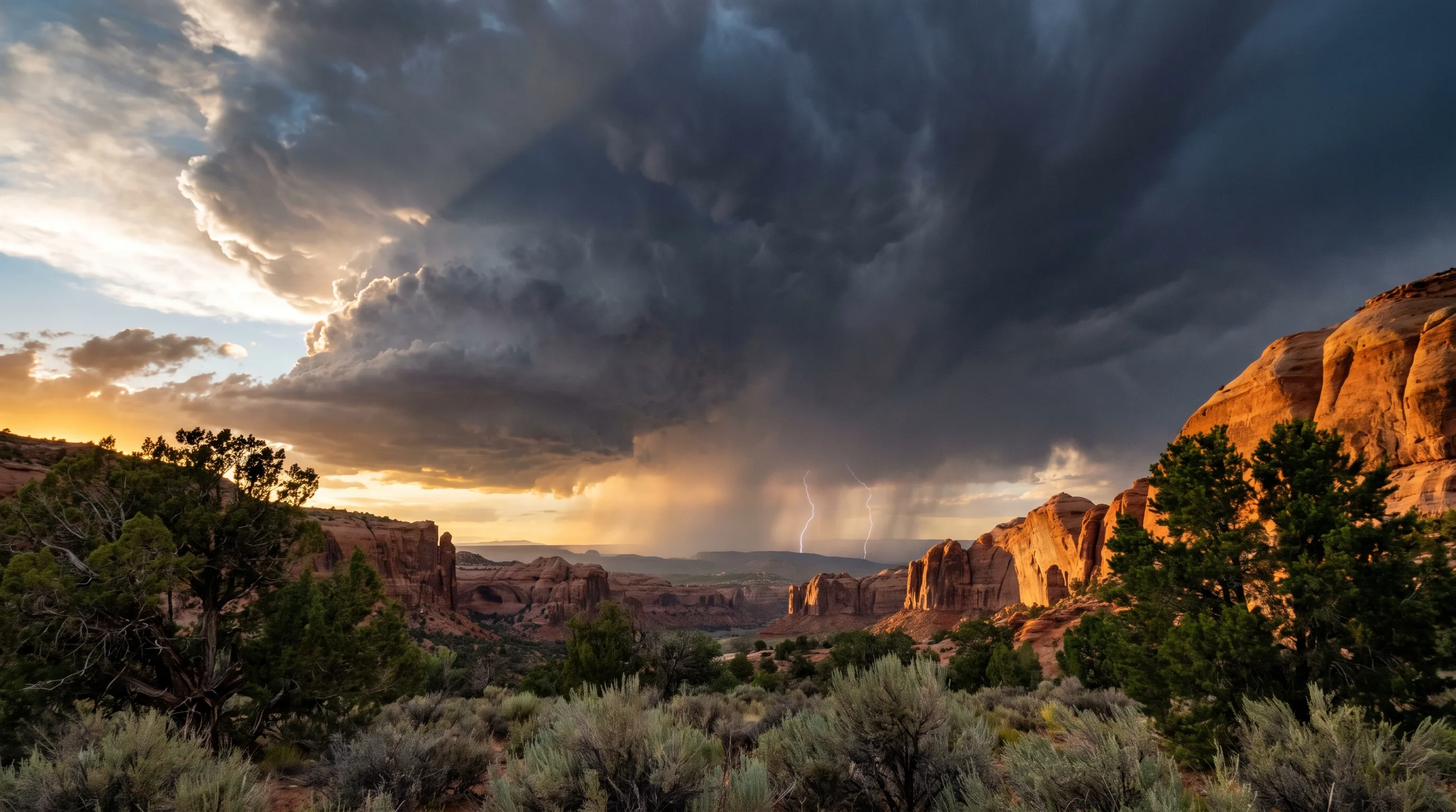 A towering thunderhead cloud building over red rock desert canyon country in southern Utah at golden hour, dramatic storm light against sandstone cliffs.