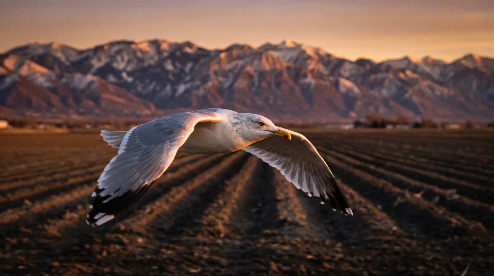 A California gull in flight over a plowed Wasatch Front field at golden hour, the bird Utah honors as its state bird.