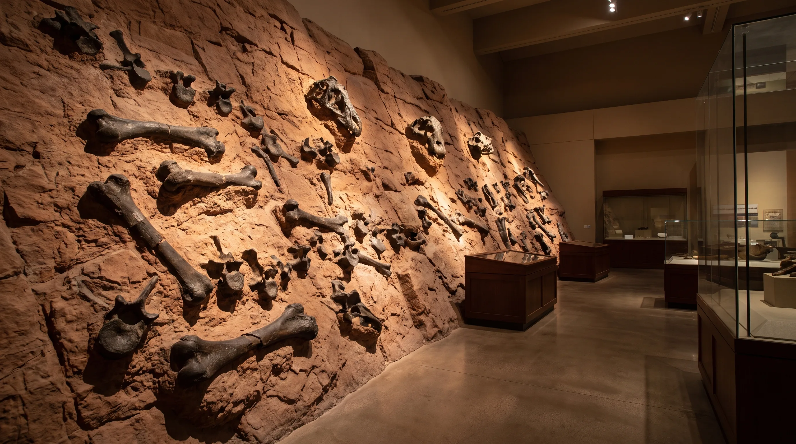 A steeply tilted rock wall embedded with hundreds of fossilized dinosaur bones inside a museum exhibit hall in Utah, dramatic side lighting.
