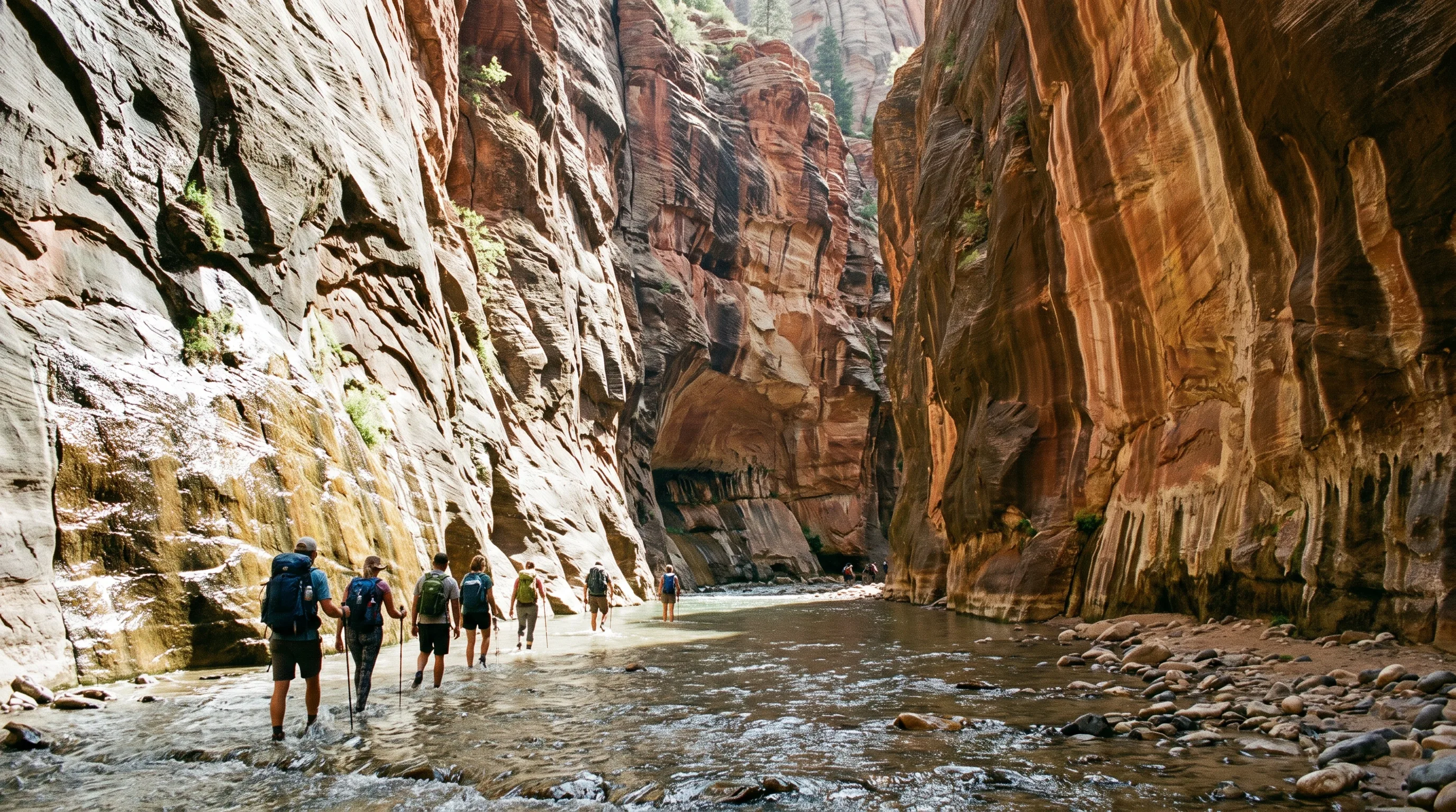 Hikers wading upstream through the Virgin River in Zion National Park's Narrows, towering red and orange sandstone walls rising nearly a thousand feet on either side.